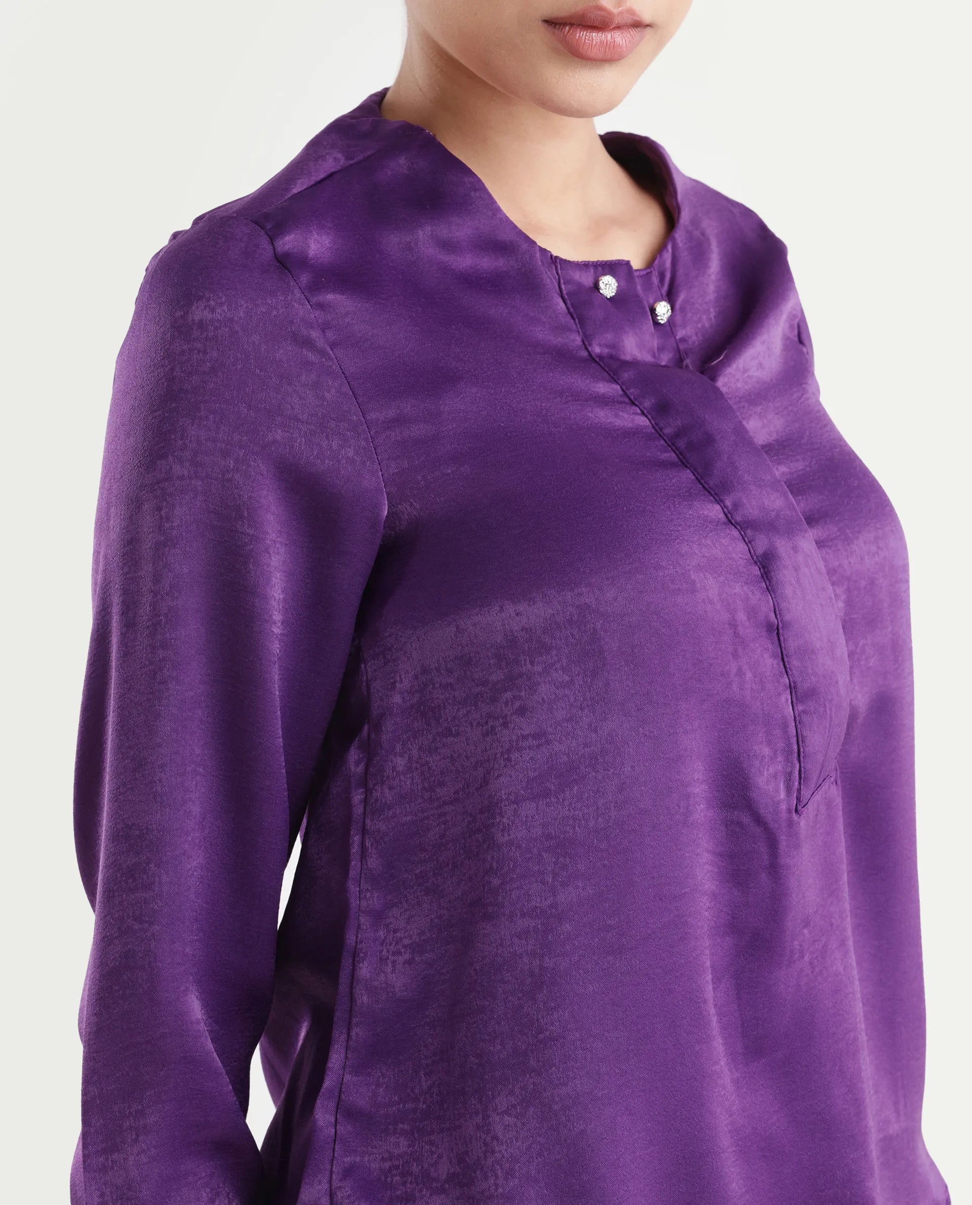 Rareism Women's Daxzo Purple Velvet Crew Neck Plain Relaxed Fit Top