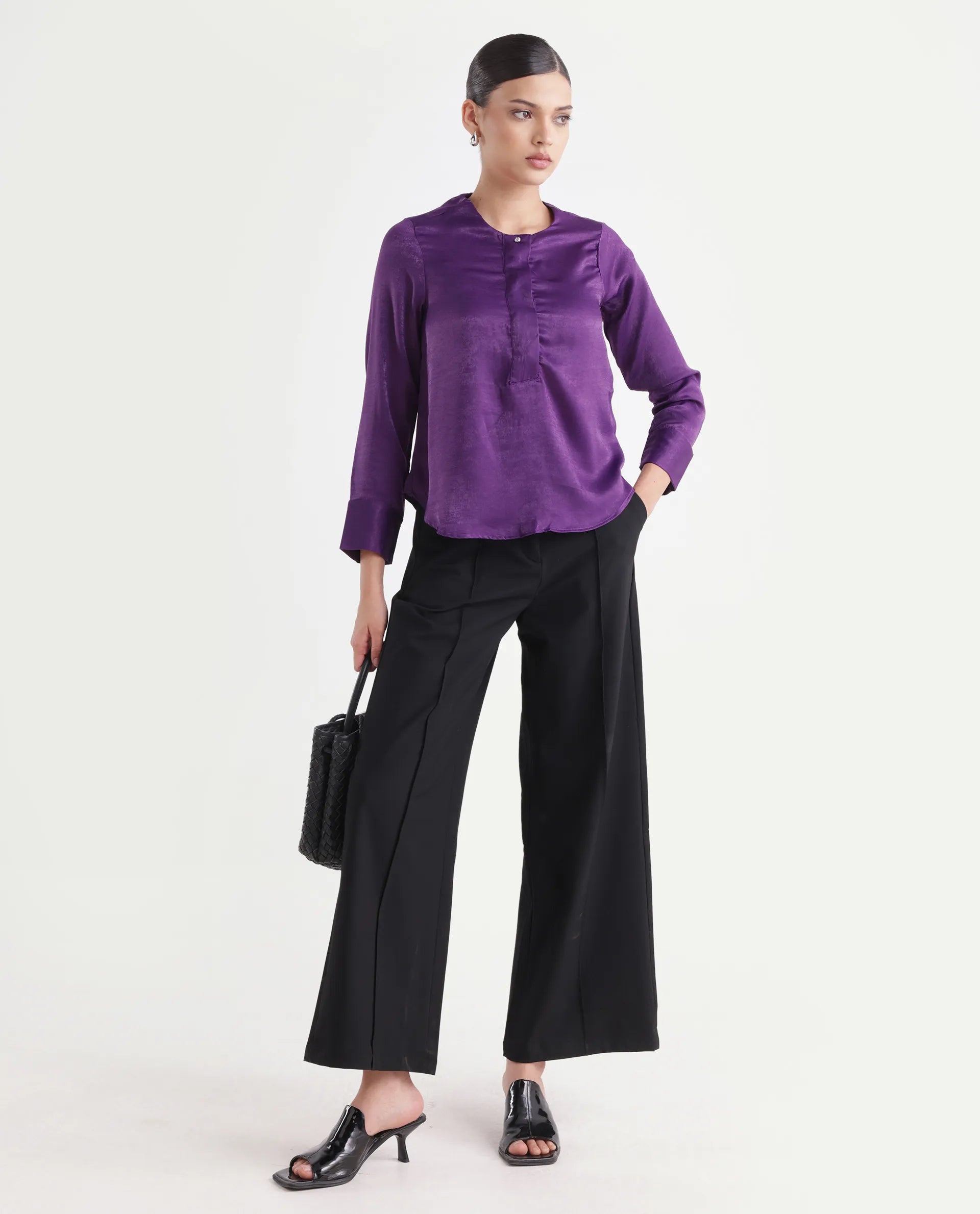 Rareism Women's Daxzo Purple Velvet Crew Neck Plain Relaxed Fit Top