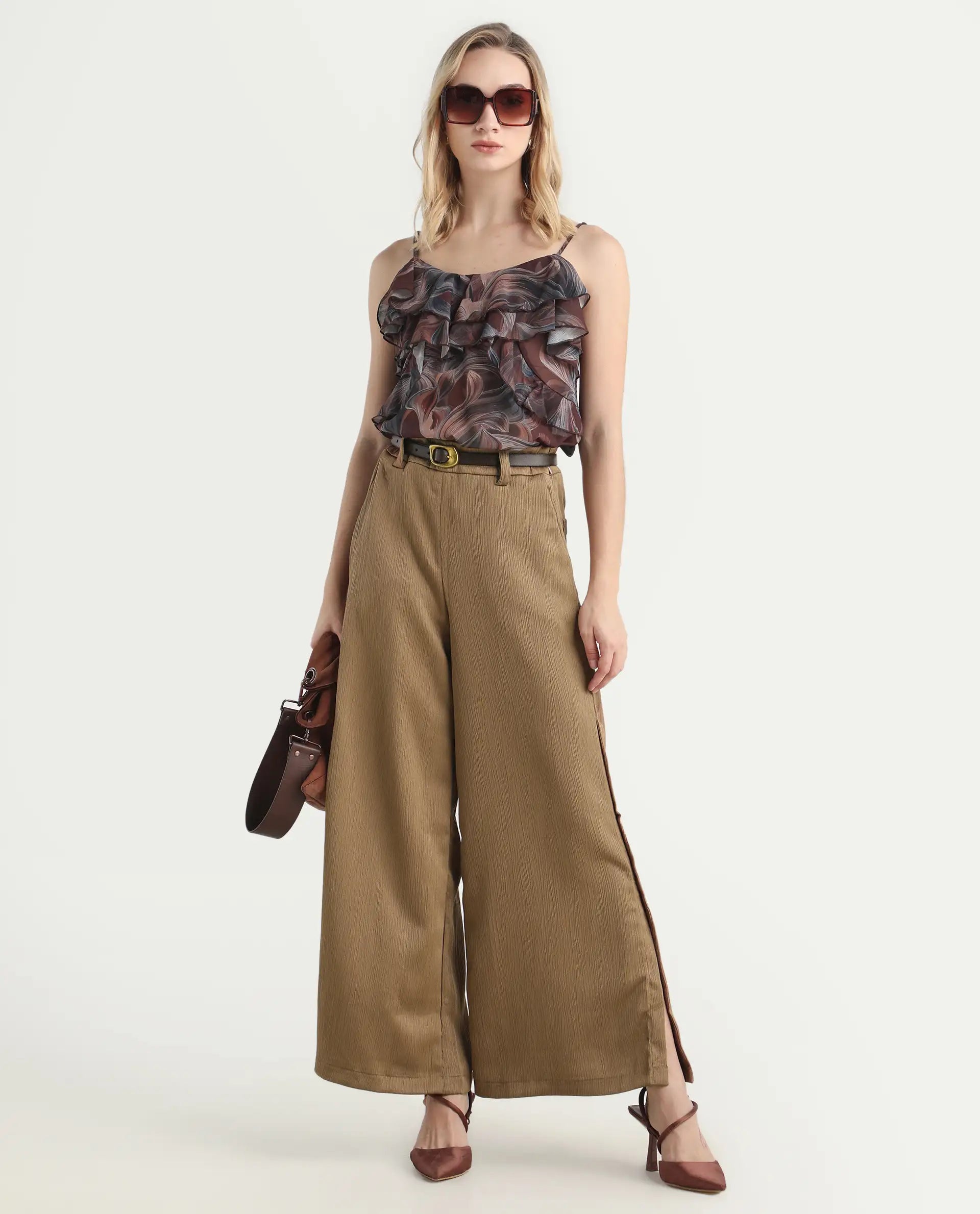 Rareism Women's Dayna Light Brown Polyester Plain Ankle Length Wide Trouser