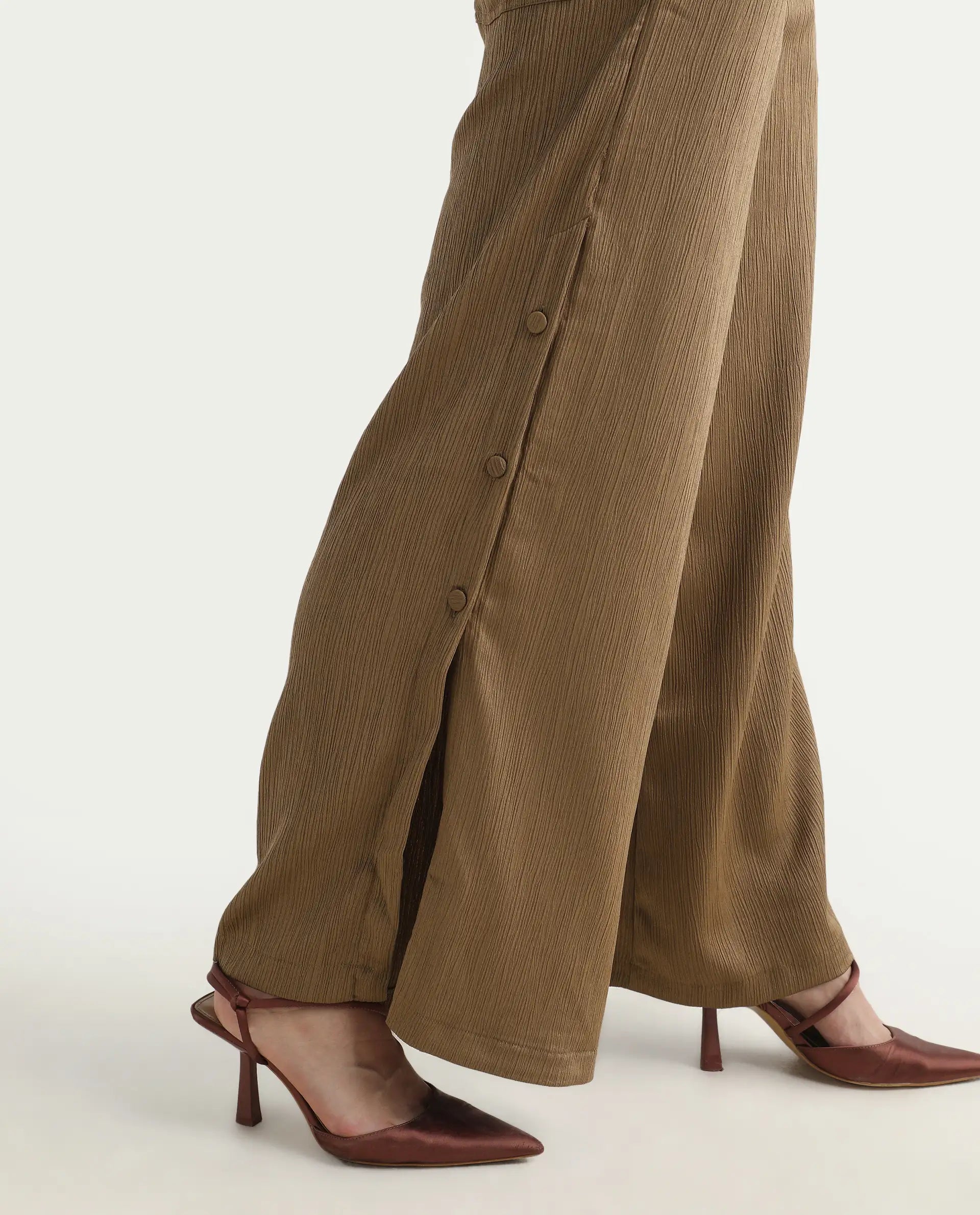 Rareism Women's Dayna Light Brown Polyester Plain Ankle Length Wide Trouser