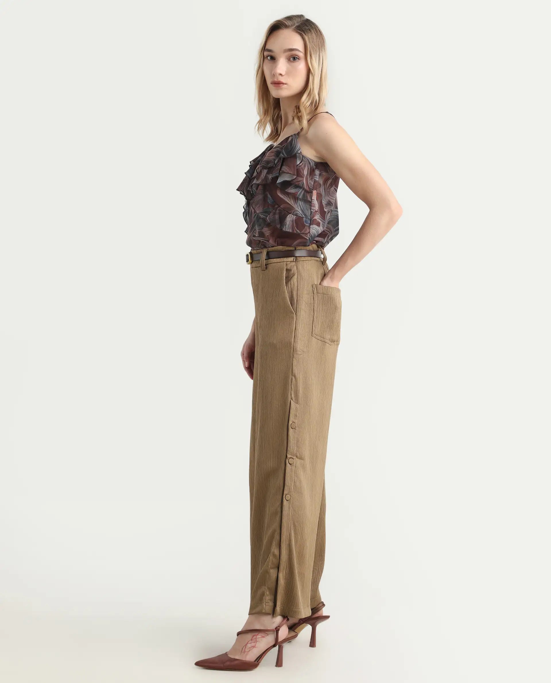 Rareism Women's Dayna Light Brown Polyester Plain Ankle Length Wide Trouser