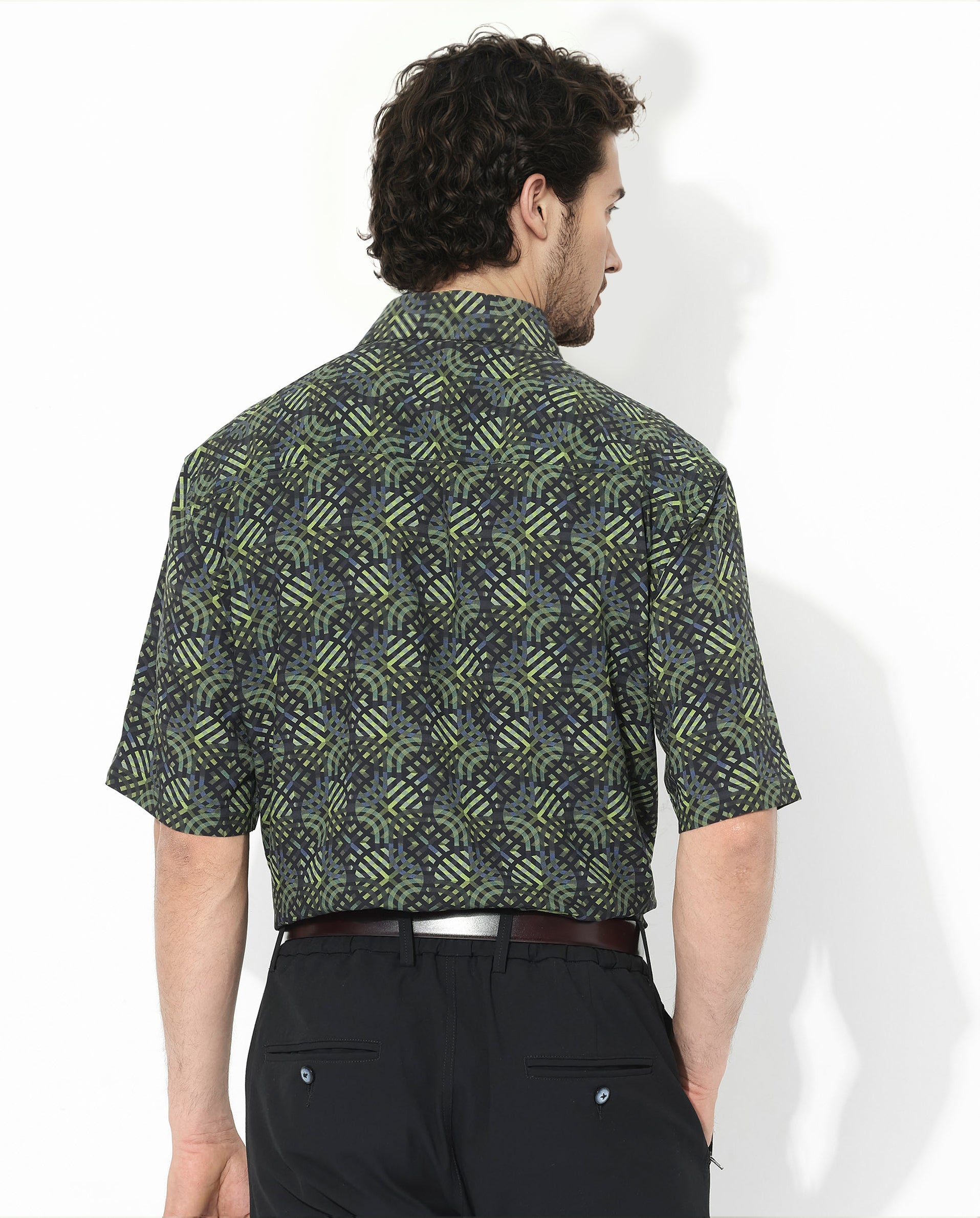 Rare Rabbit Men's Deaton Black Viscose Fabric Half Sleeves Regular Fit Geometric Print Shirt