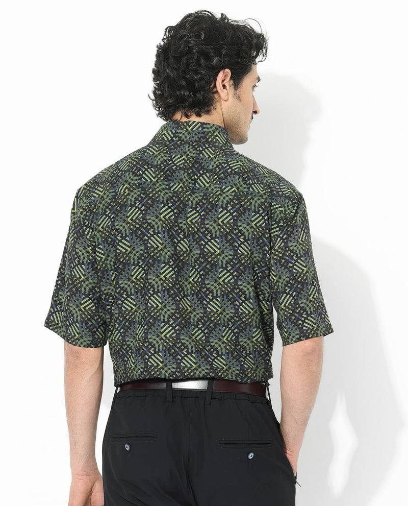 Rare Rabbit Men's Deaton Black Viscose Fabric Half Sleeves Regular Fit Geometric Print Shirt