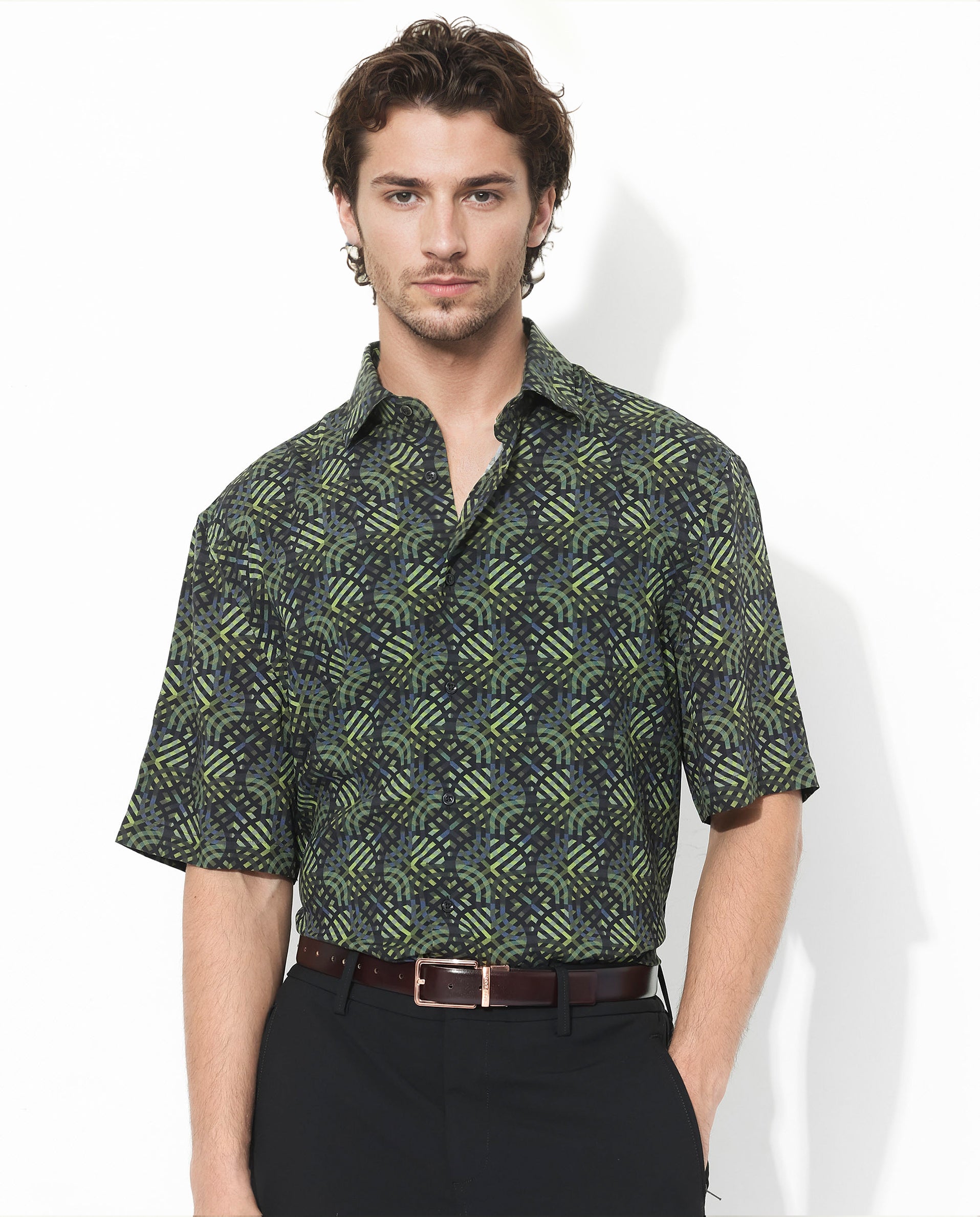 Rare Rabbit Men's Deaton Black Viscose Fabric Half Sleeves Regular Fit Geometric Print Shirt