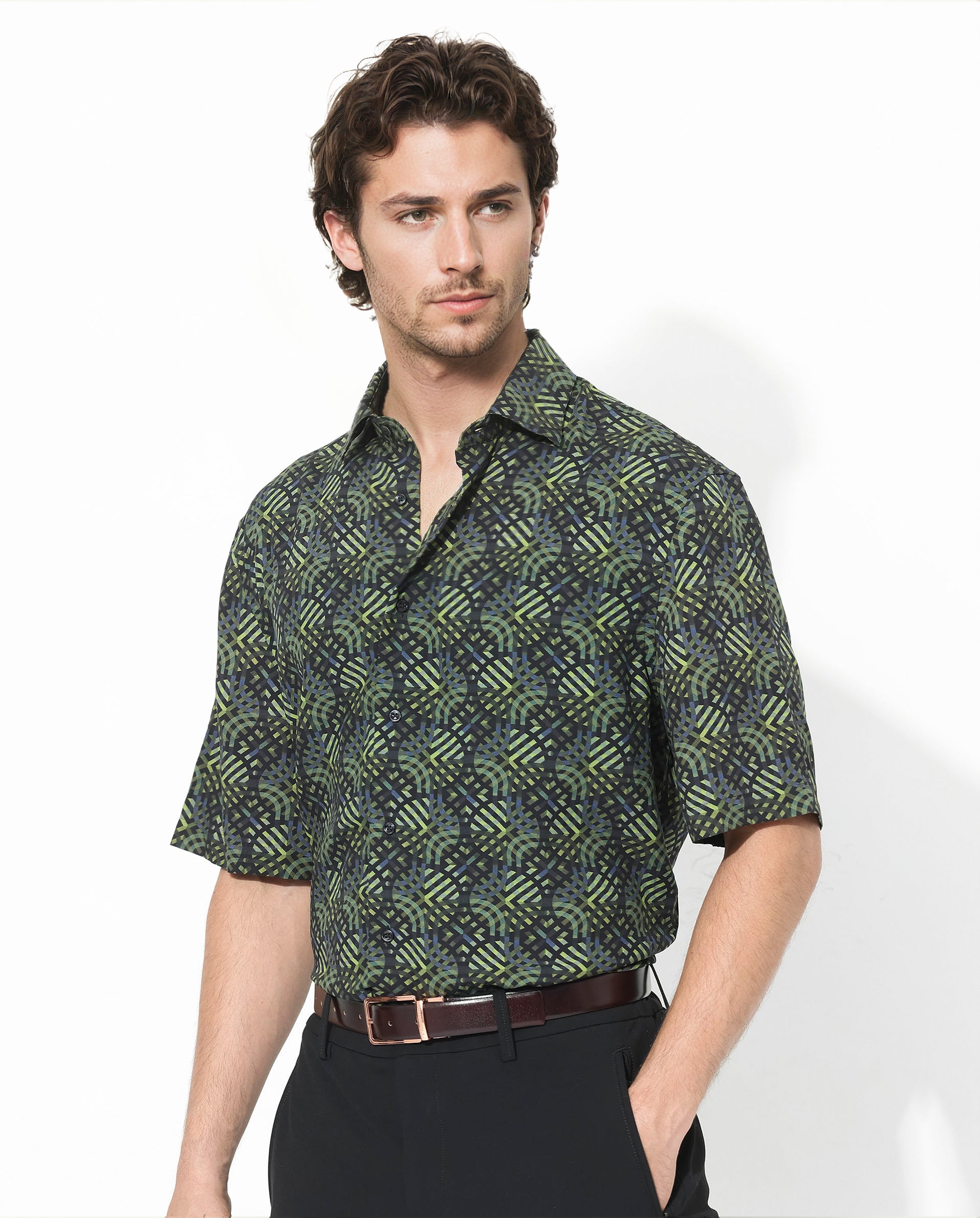 Rare Rabbit Men's Deaton Black Viscose Fabric Half Sleeves Regular Fit Geometric Print Shirt