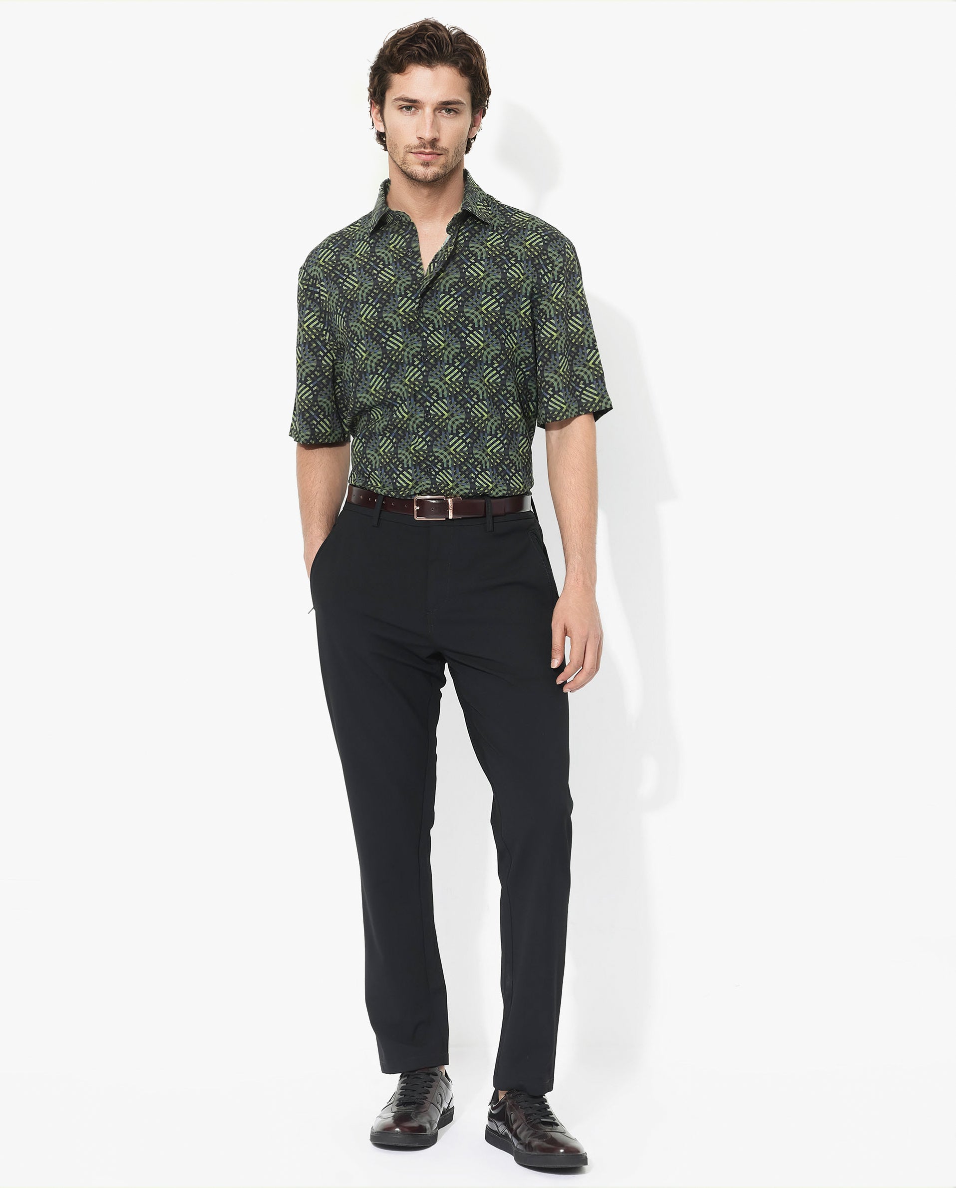 Rare Rabbit Men's Deaton Black Viscose Fabric Half Sleeves Regular Fit Geometric Print Shirt