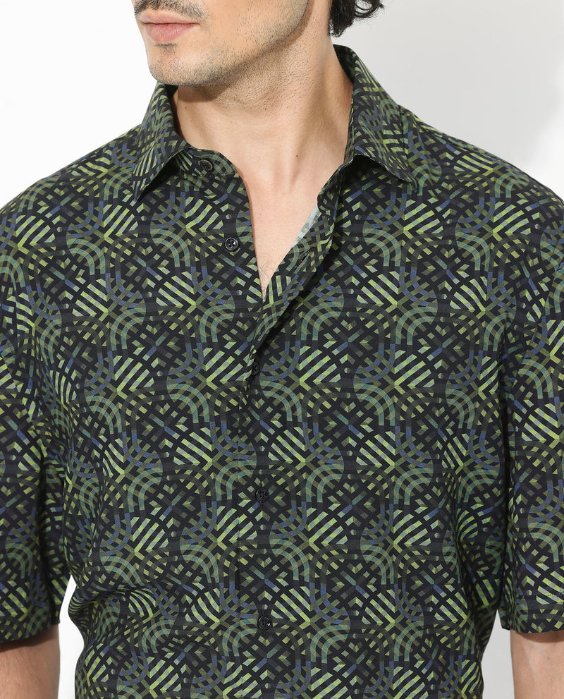 Rare Rabbit Men's Deaton Black Viscose Fabric Half Sleeves Regular Fit Geometric Print Shirt