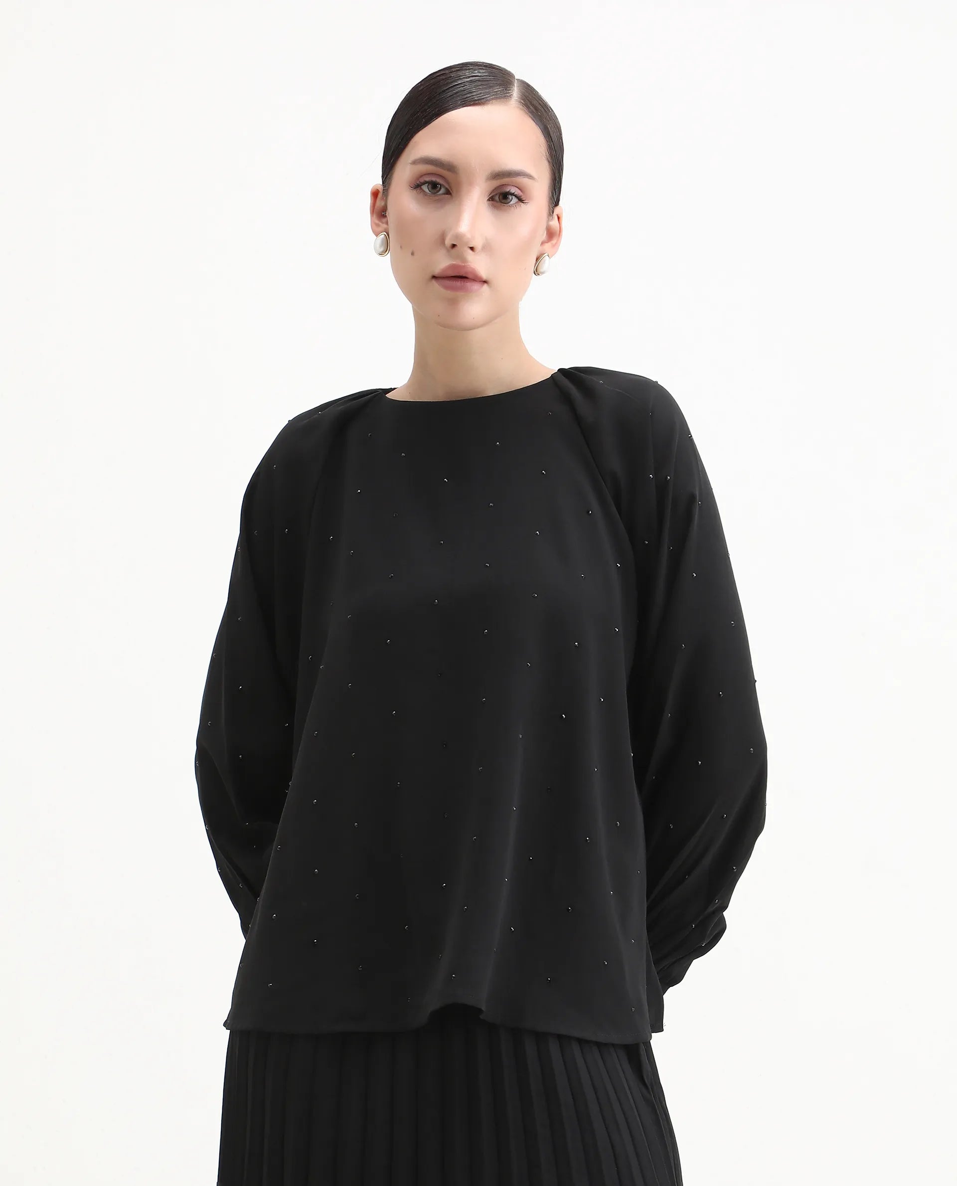 Rareism Women's Debie Black Satin High Neck Plain Cuffed Sleeve Boxy Fit Top