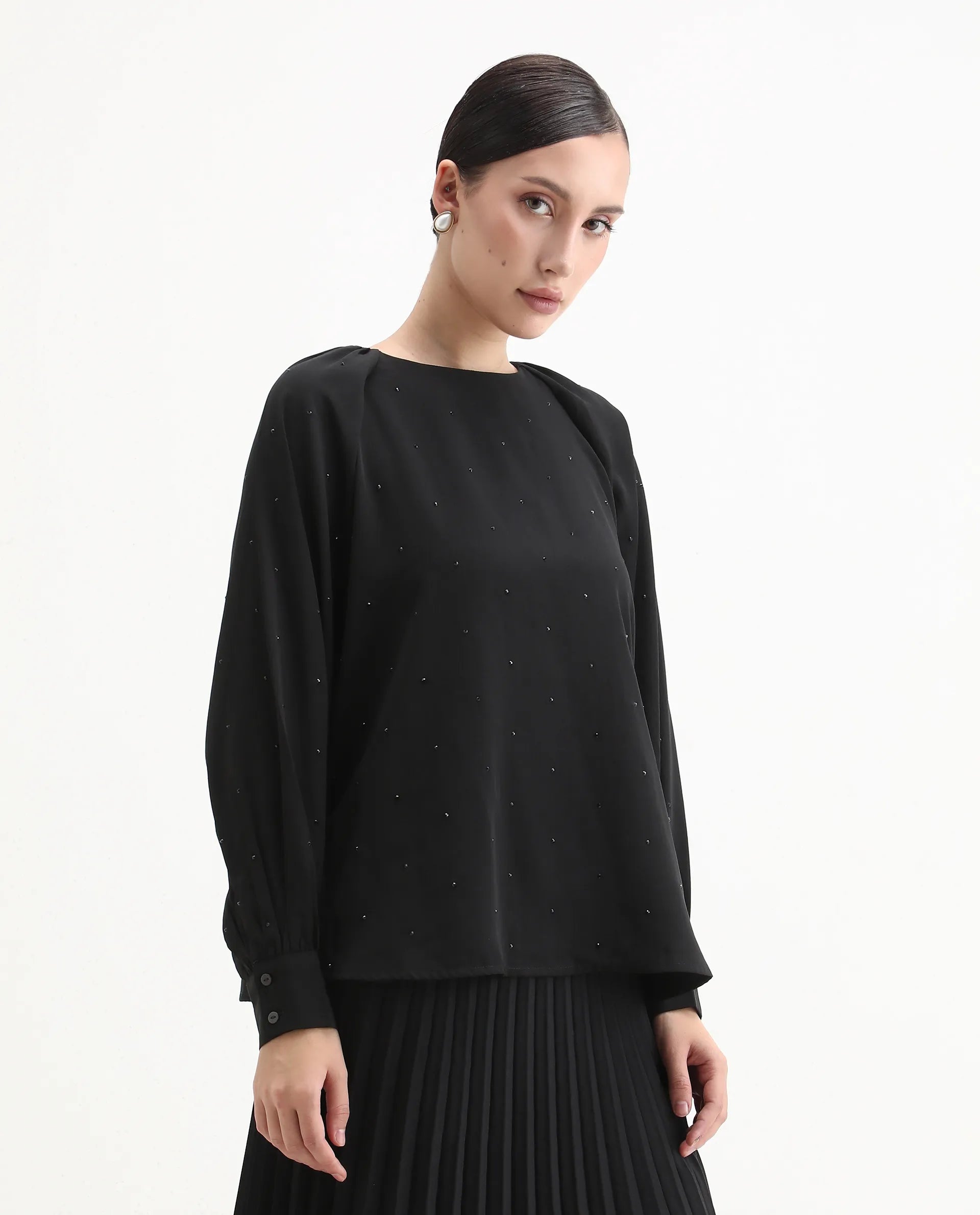 Rareism Women's Debie Black Satin High Neck Plain Cuffed Sleeve Boxy Fit Top