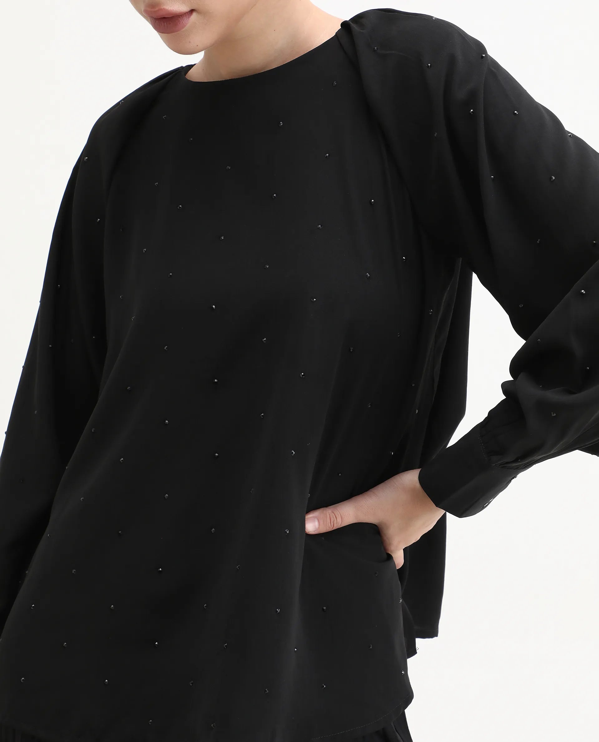 Rareism Women's Debie Black Satin High Neck Plain Cuffed Sleeve Boxy Fit Top