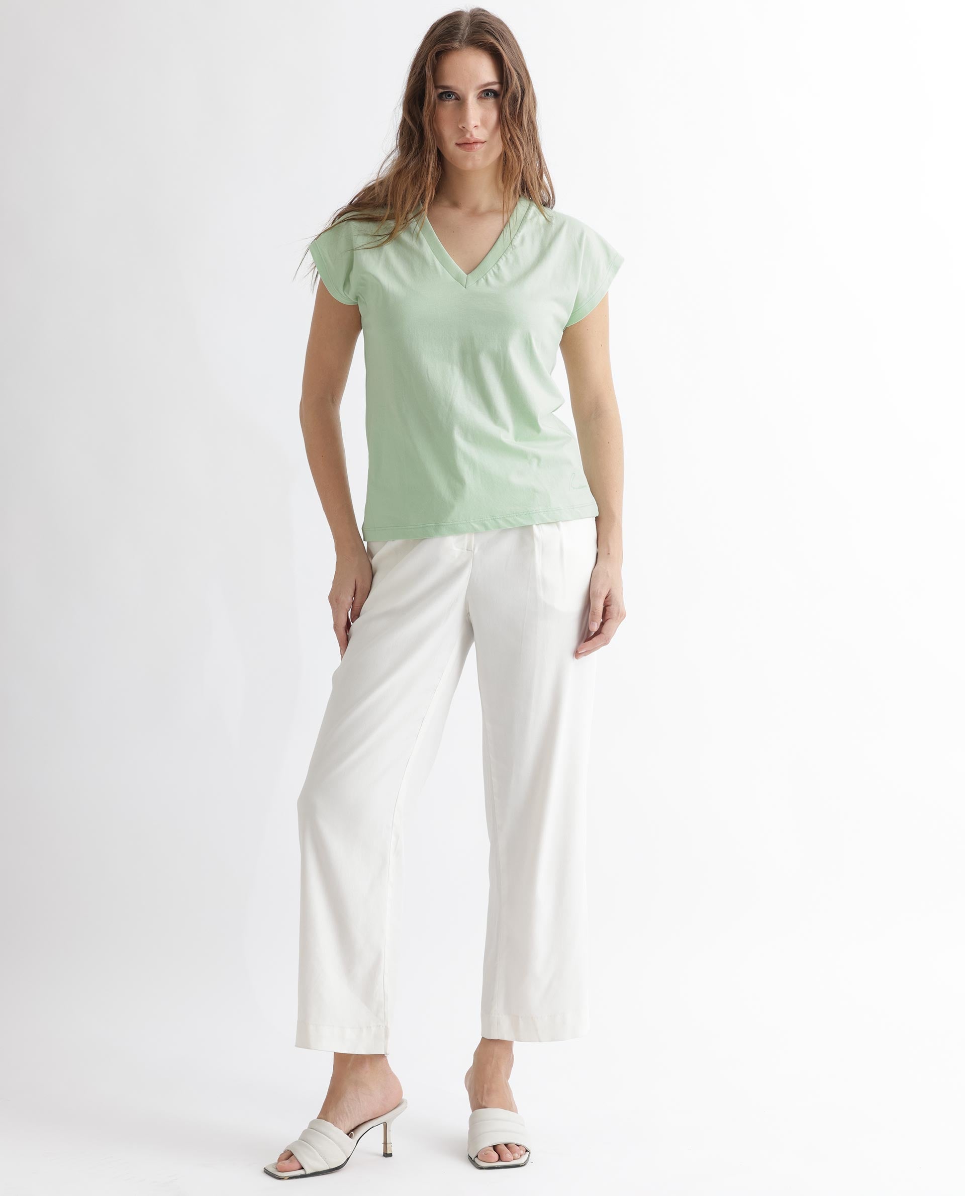 Rareism Women Debra Green Cotton Fabric Regular Fit Half Sleeves Solid Crew Neck T-Shirt