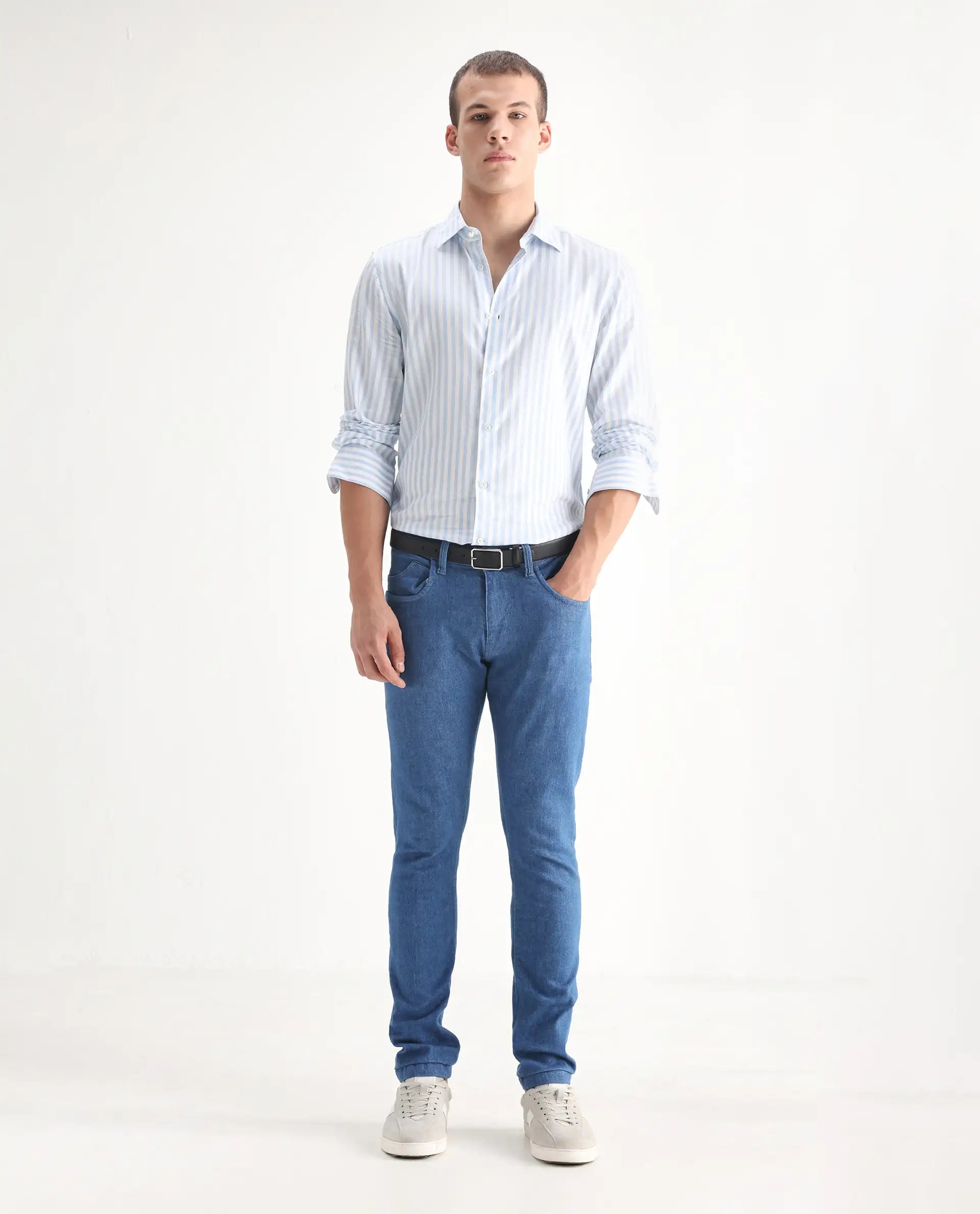 Rare Rabbit Men's Decca Blue Cotton Plain Hawk Slim Fit Jeans