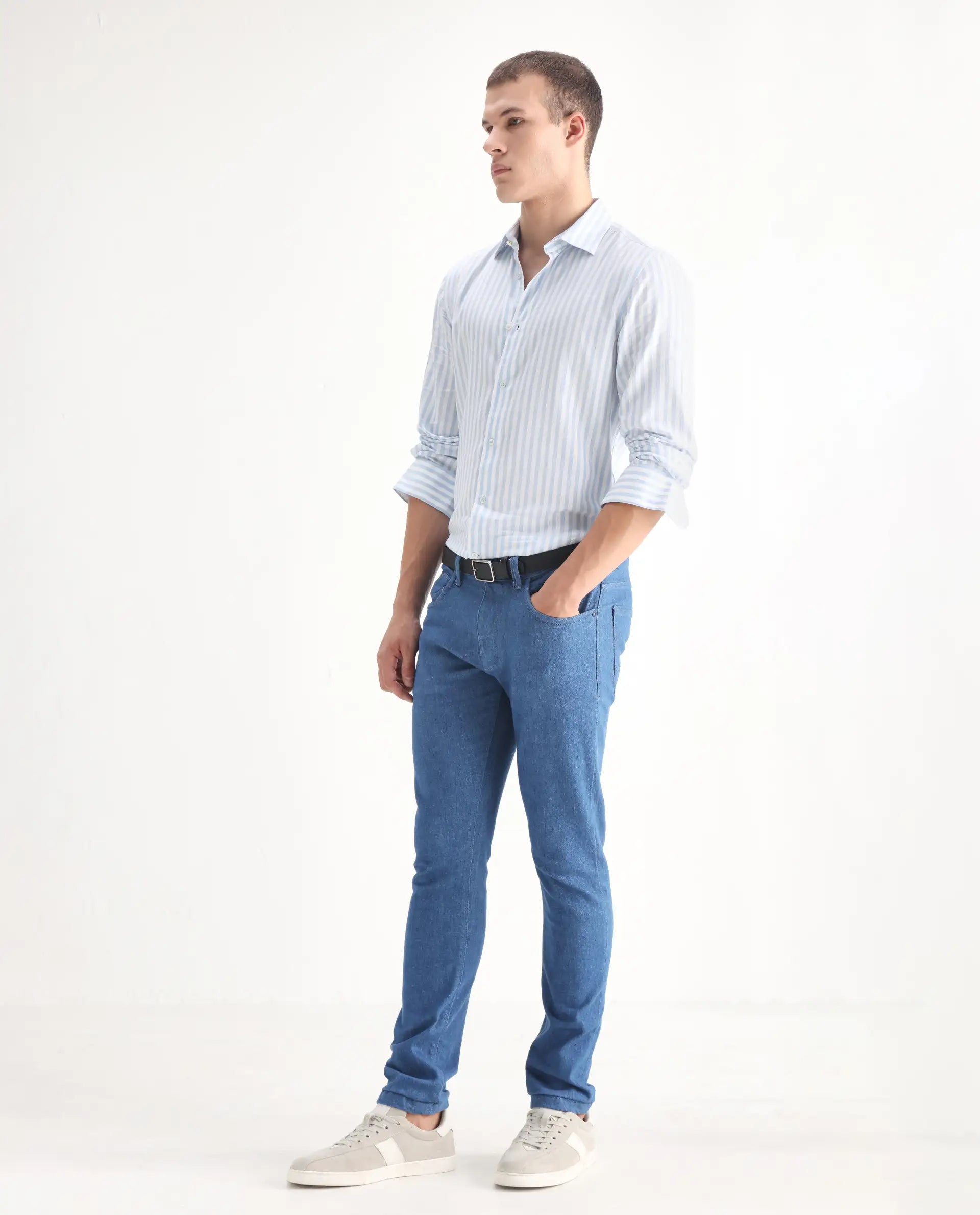 Rare Rabbit Men's Decca Blue Cotton Plain Hawk Slim Fit Jeans