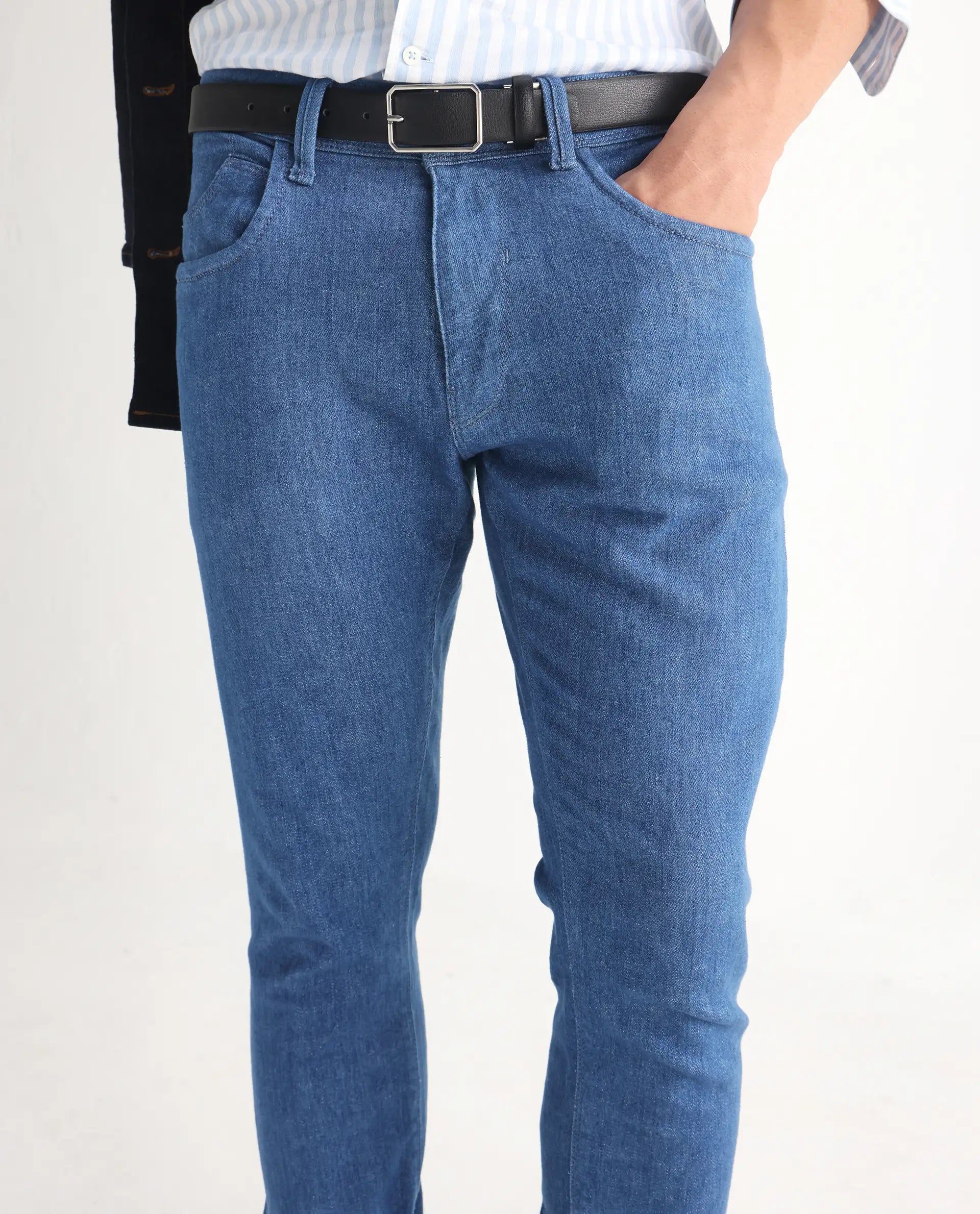 Rare Rabbit Men's Decca Blue Cotton Plain Hawk Slim Fit Jeans