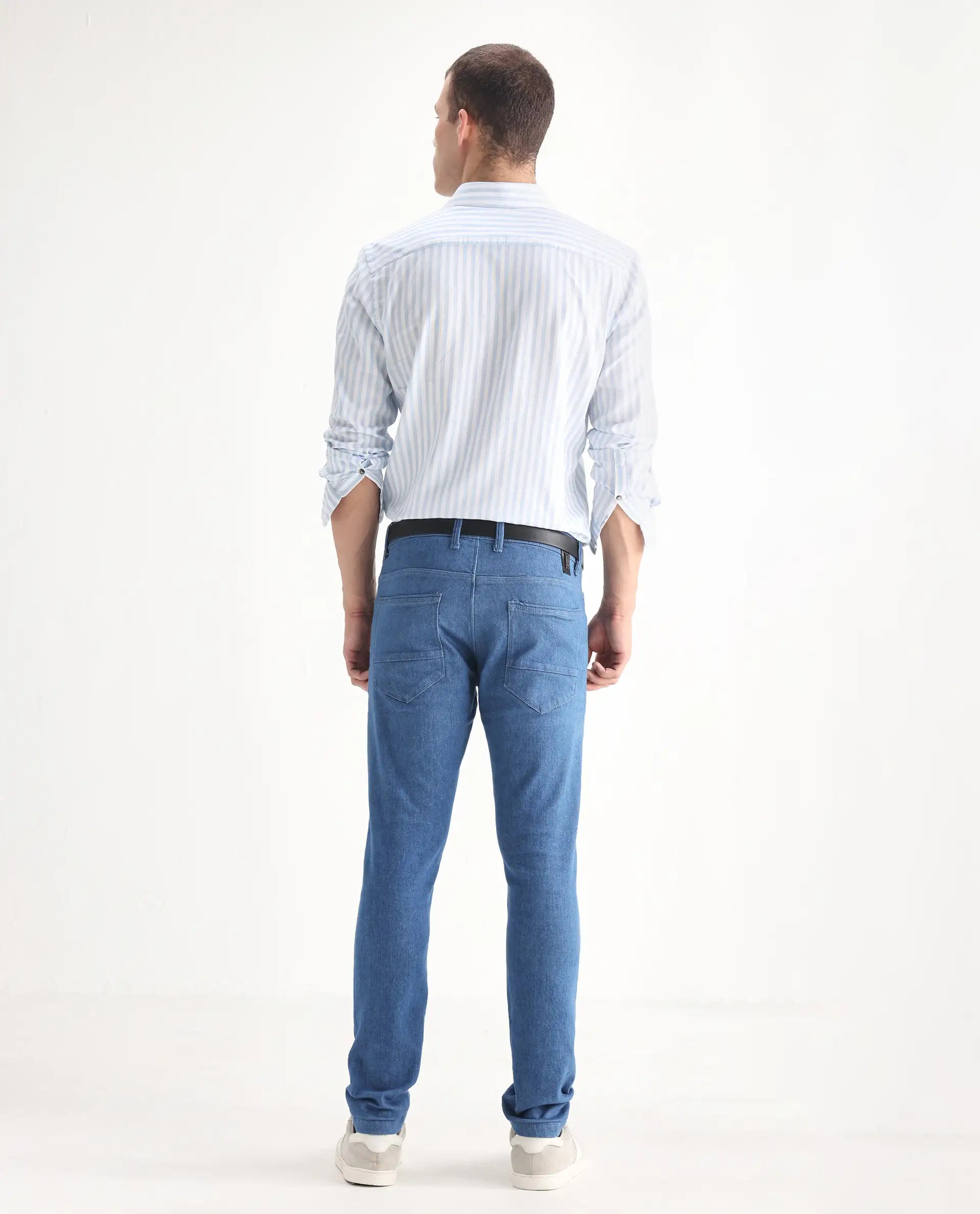 Rare Rabbit Men's Decca Blue Cotton Plain Hawk Slim Fit Jeans