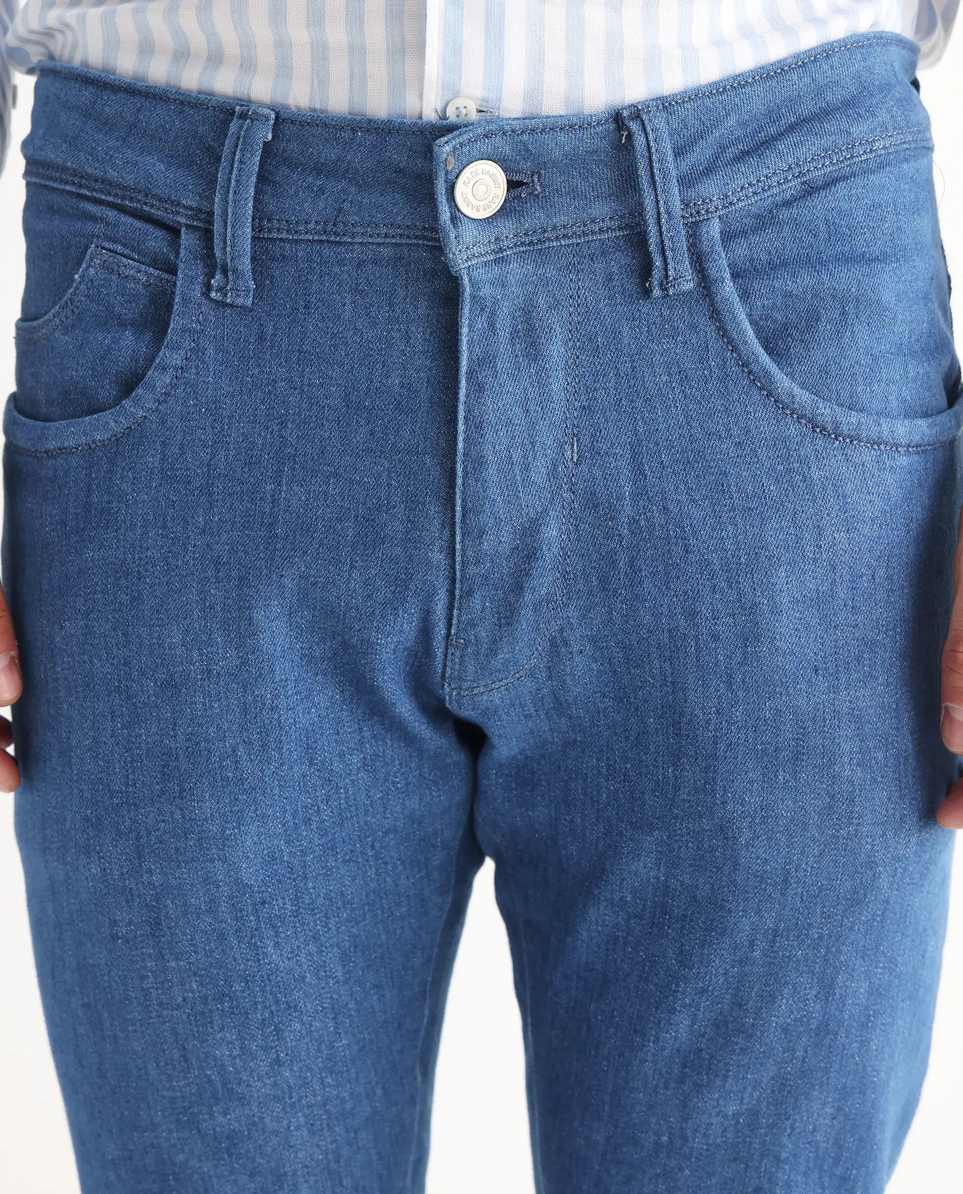 Rare Rabbit Men's Decca Blue Cotton Plain Hawk Slim Fit Jeans