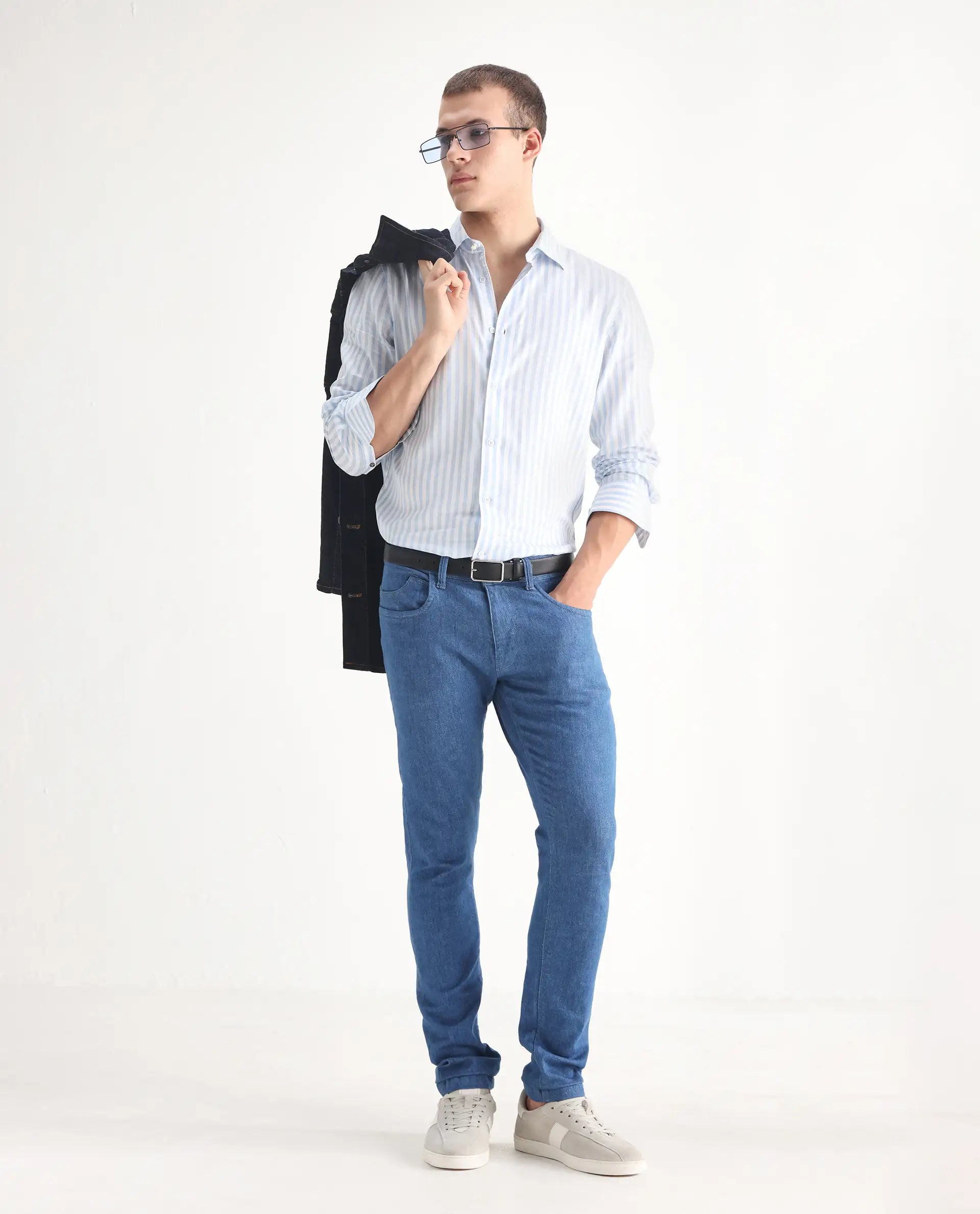 Rare Rabbit Men's Decca Blue Cotton Plain Hawk Slim Fit Jeans