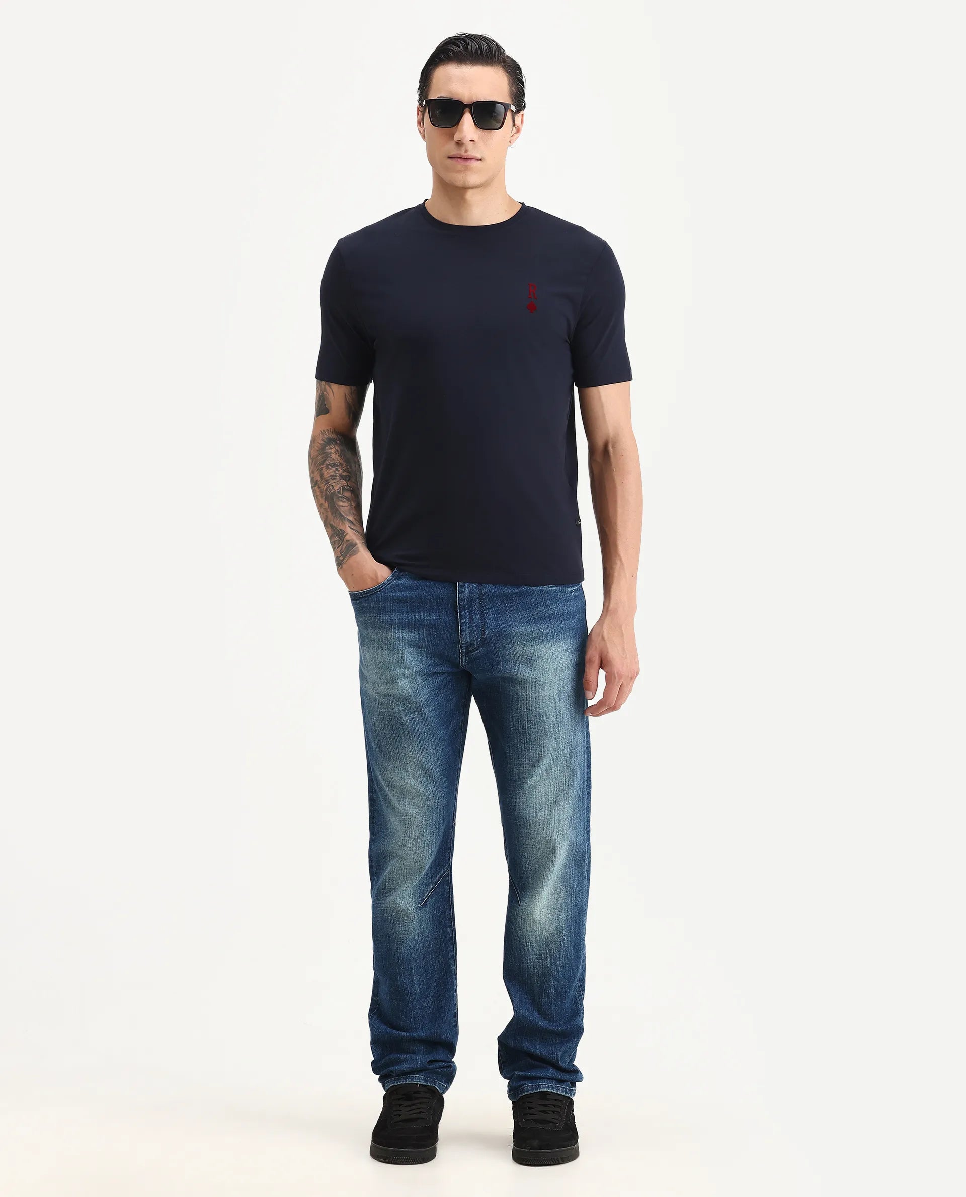 Rare Rabbit Men's Deck Navy Cotton Blend Flock Print Regular Fit Half Sleeve Crew Neck T-Shirt