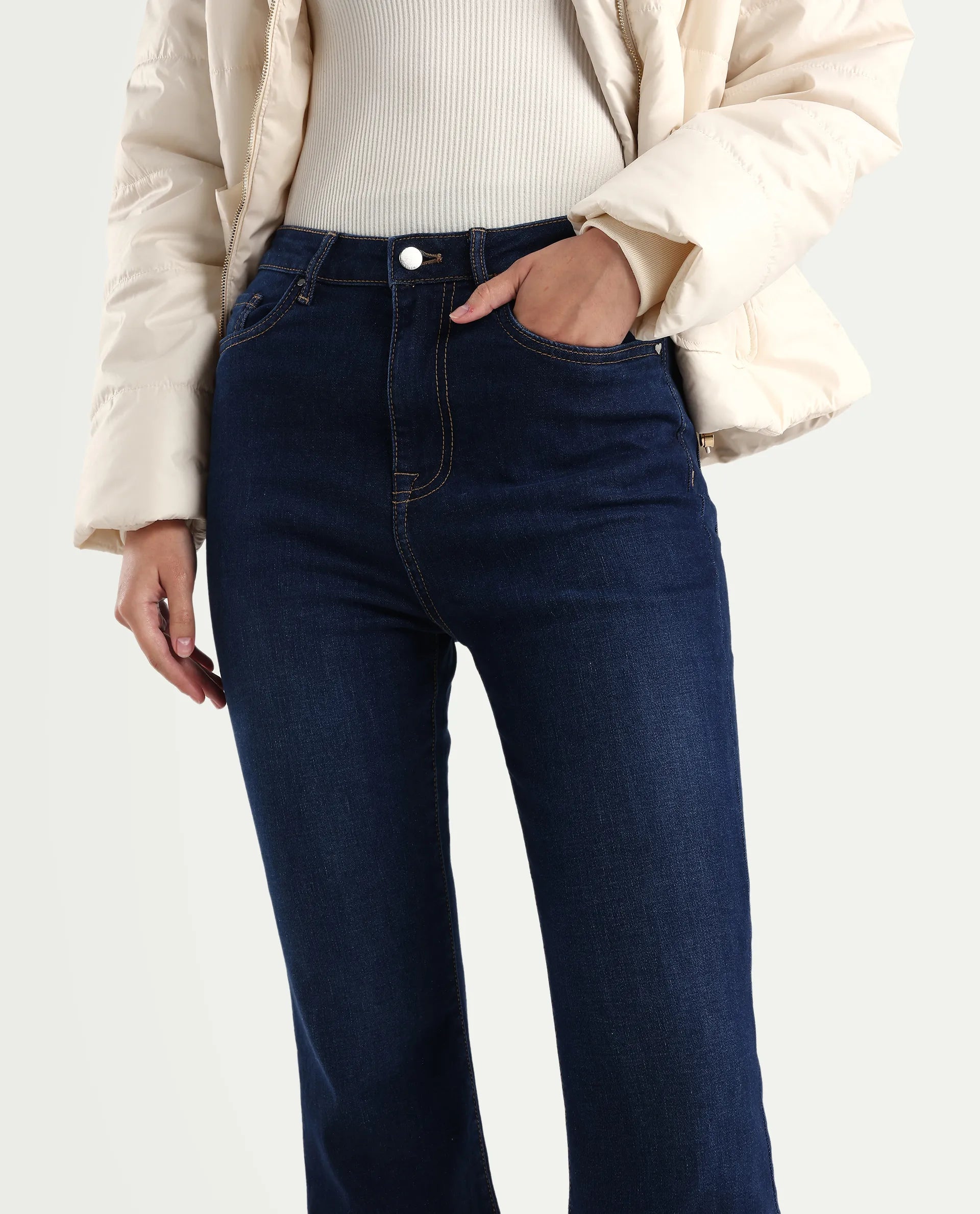 Rareism Women's Denfa Dark Blue Cotton Blend Bootcut Plain Jeans