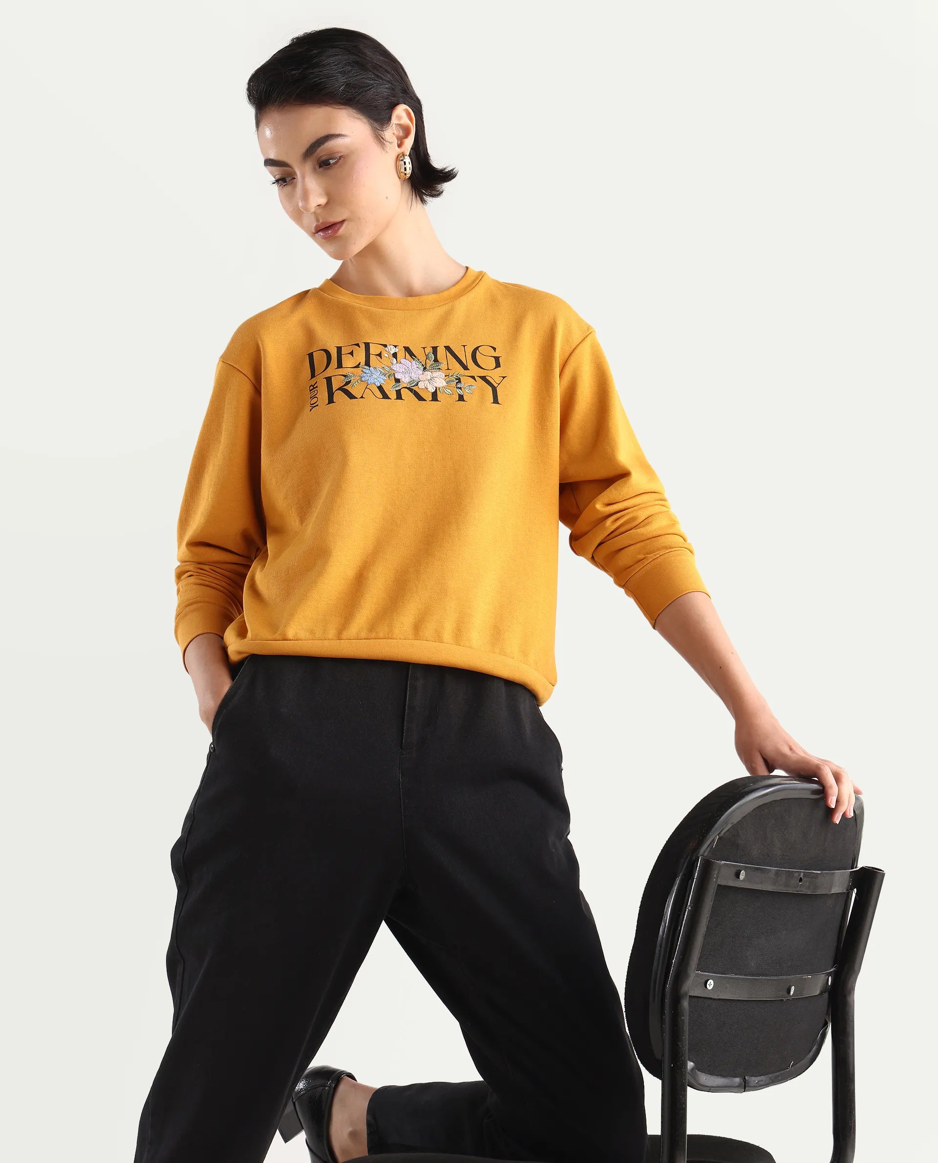 Rareism Women's Defni Dusky Mustard Cotton Blend Crew Neck Graphic Print Relaxed Fit Sweatshirt