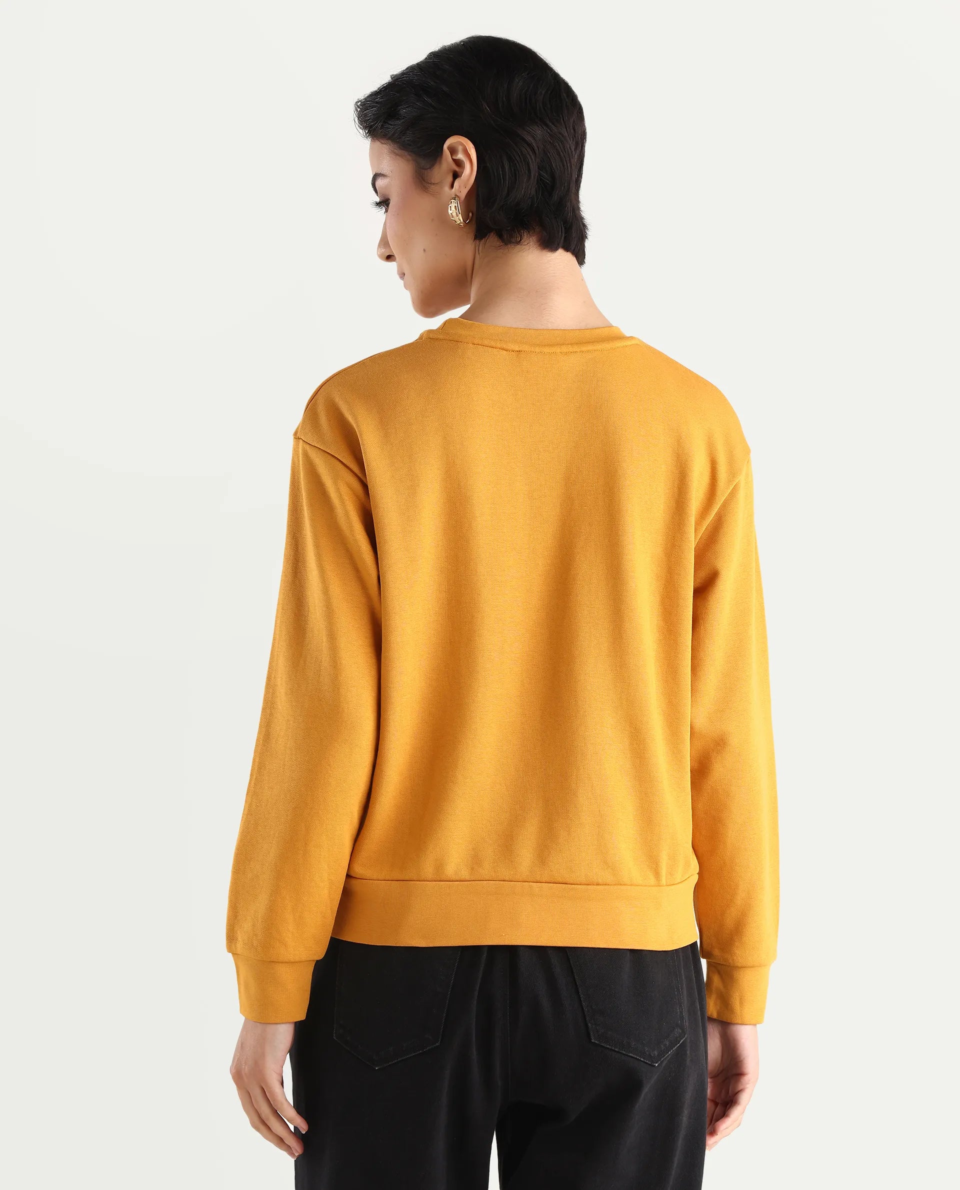 Rareism Women's Defni Dusky Mustard Cotton Blend Crew Neck Graphic Print Relaxed Fit Sweatshirt