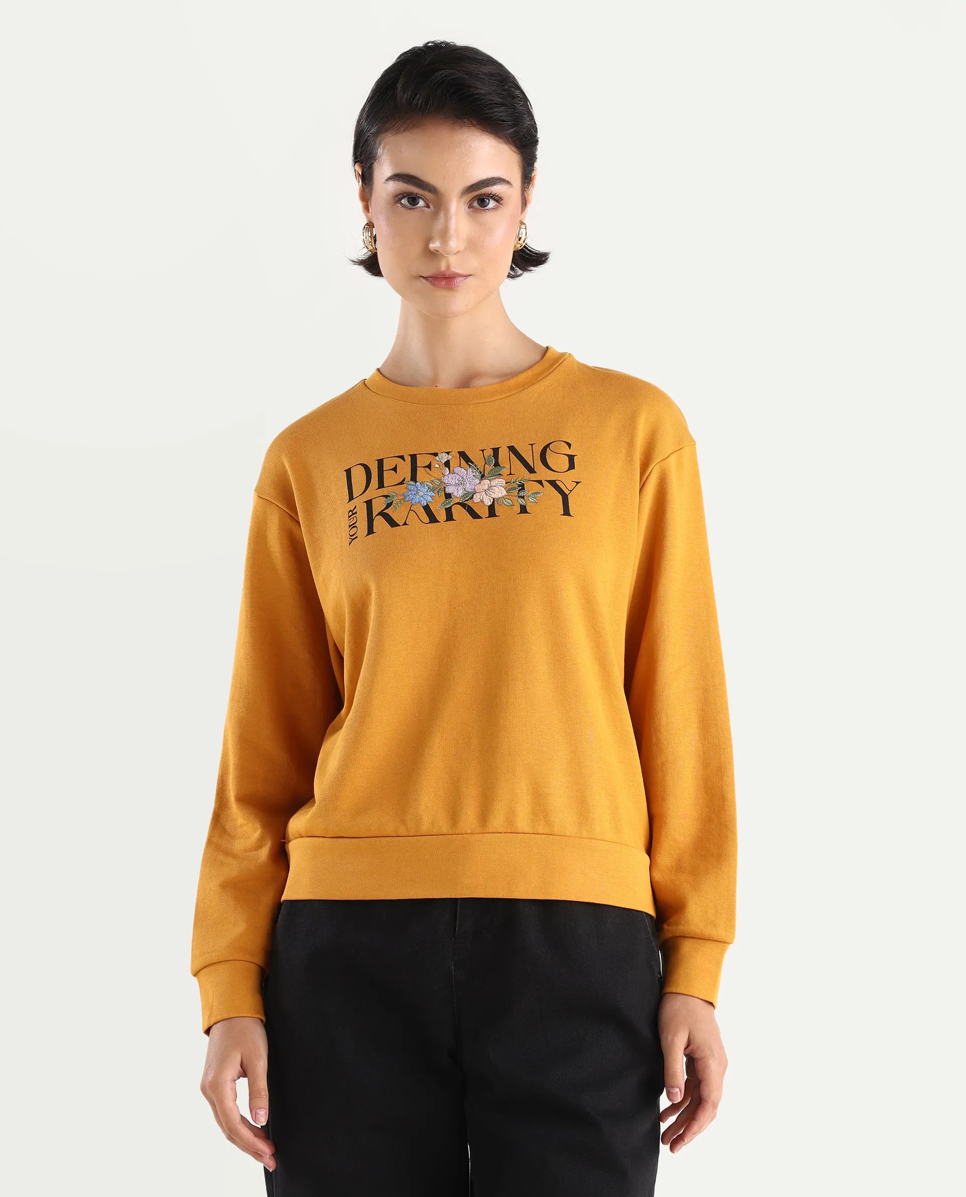 Rareism Women's Defni Dusky Mustard Cotton Blend Crew Neck Graphic Print Relaxed Fit Sweatshirt