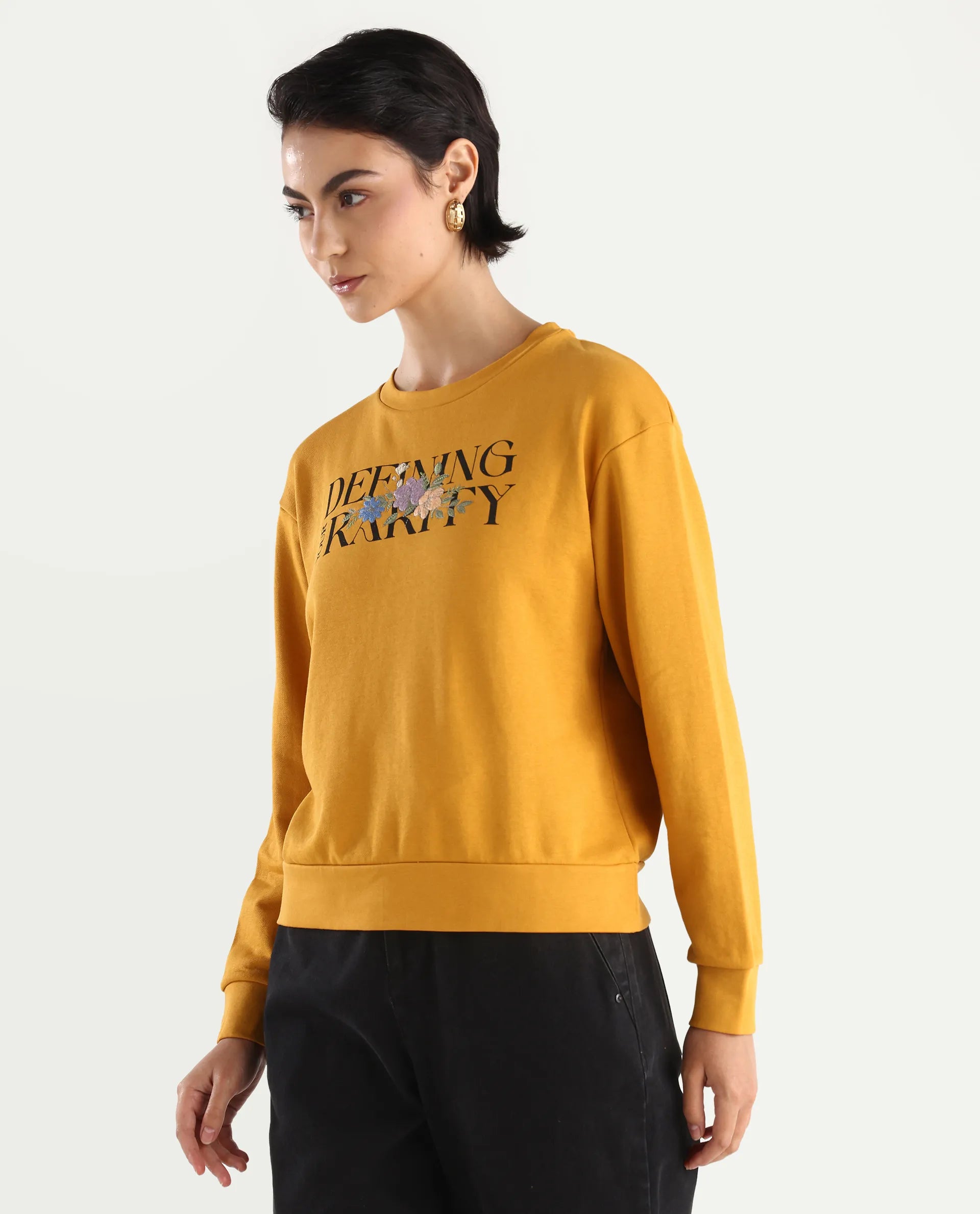 Rareism Women's Defni Dusky Mustard Cotton Blend Crew Neck Graphic Print Relaxed Fit Sweatshirt