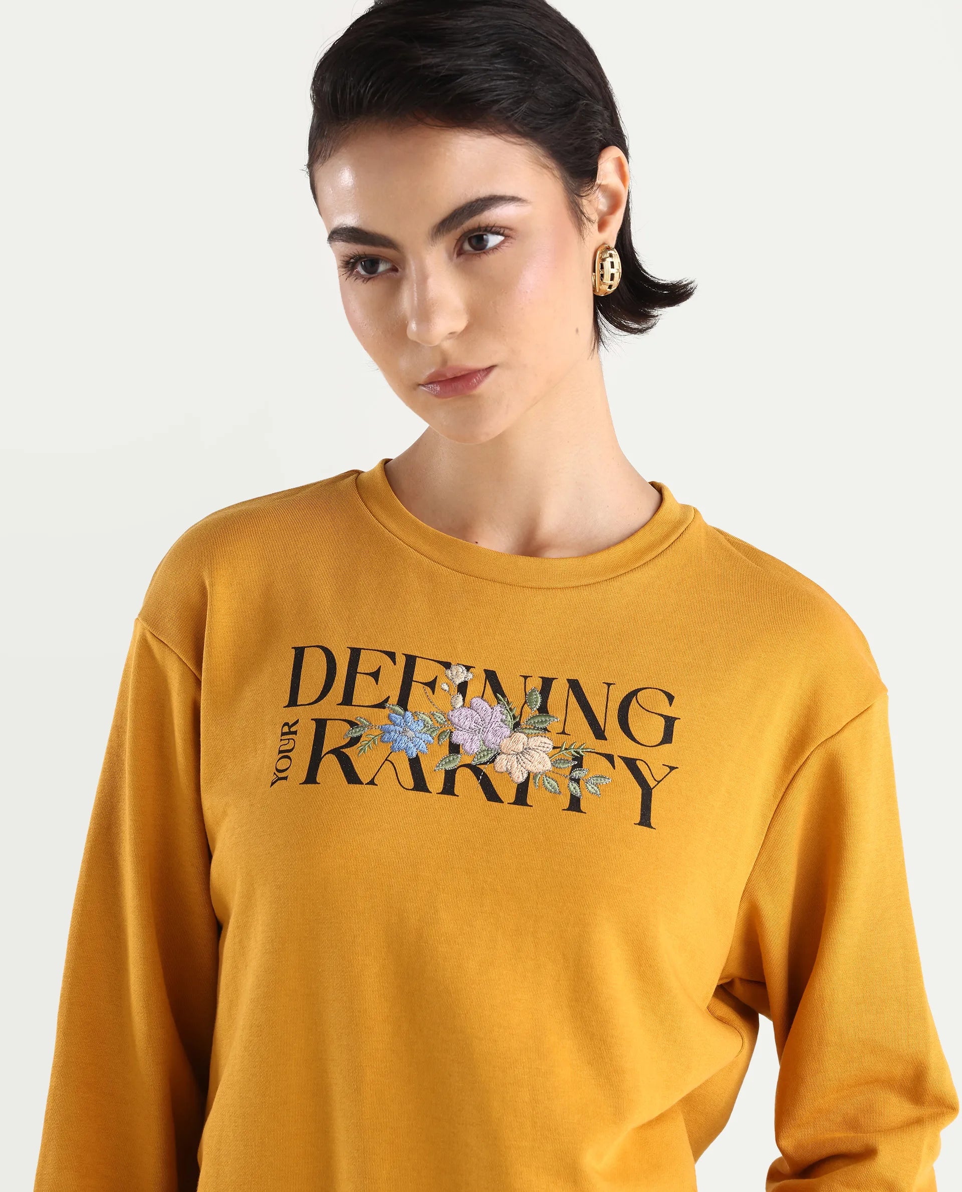 Rareism Women's Defni Dusky Mustard Cotton Blend Crew Neck Graphic Print Relaxed Fit Sweatshirt
