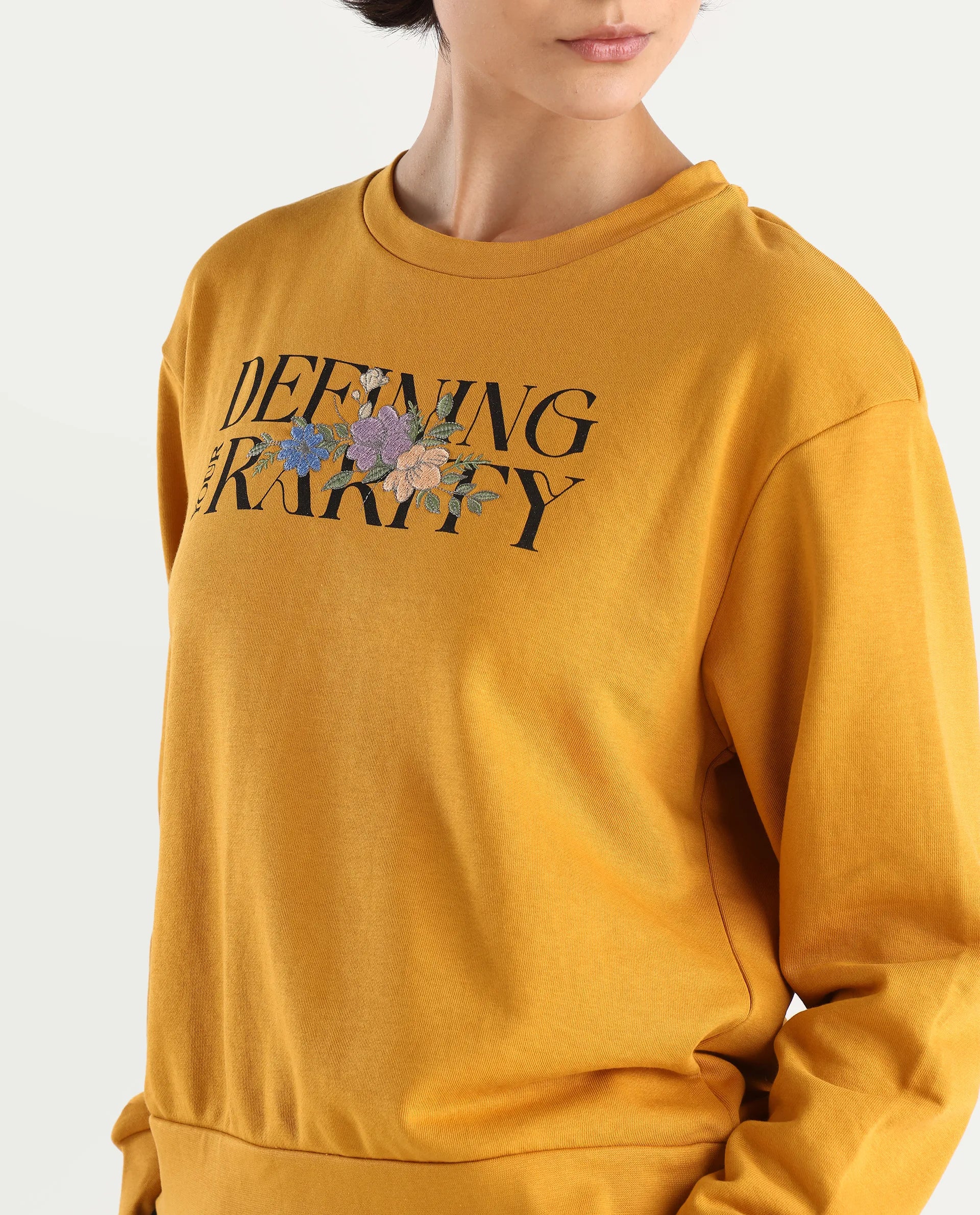 Rareism Women's Defni Dusky Mustard Cotton Blend Crew Neck Graphic Print Relaxed Fit Sweatshirt