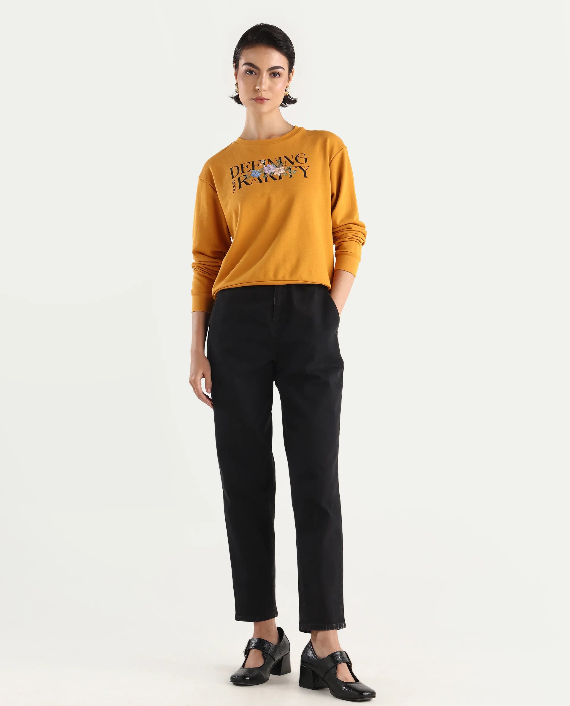 Rareism Women's Defni Dusky Mustard Cotton Blend Crew Neck Graphic Print Relaxed Fit Sweatshirt