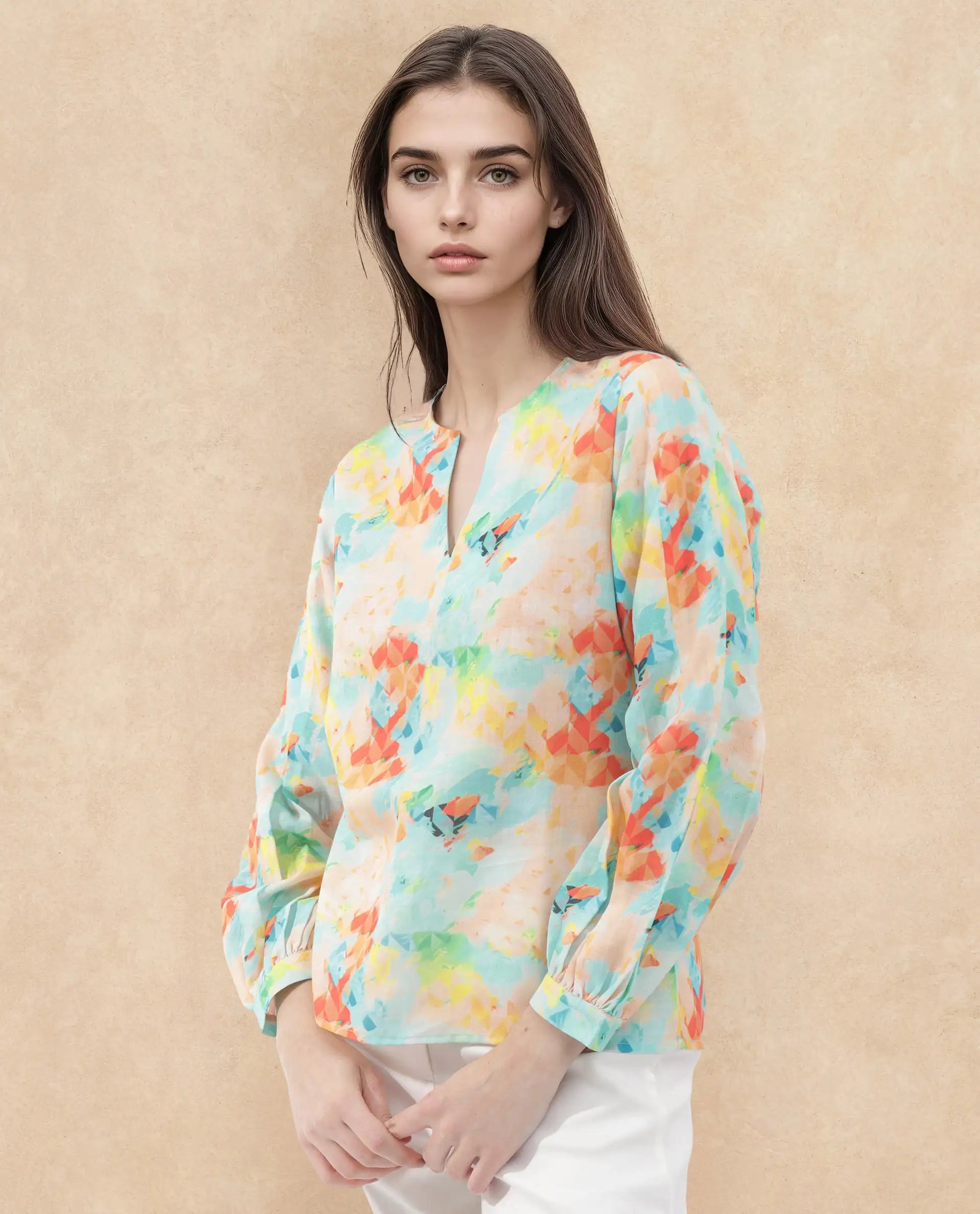 Rareism Women Deimos-SC Flouroscent Multi Linen Fabric Full Sleeve V-Neck Button Closure Geometric Print Regular Fit Top