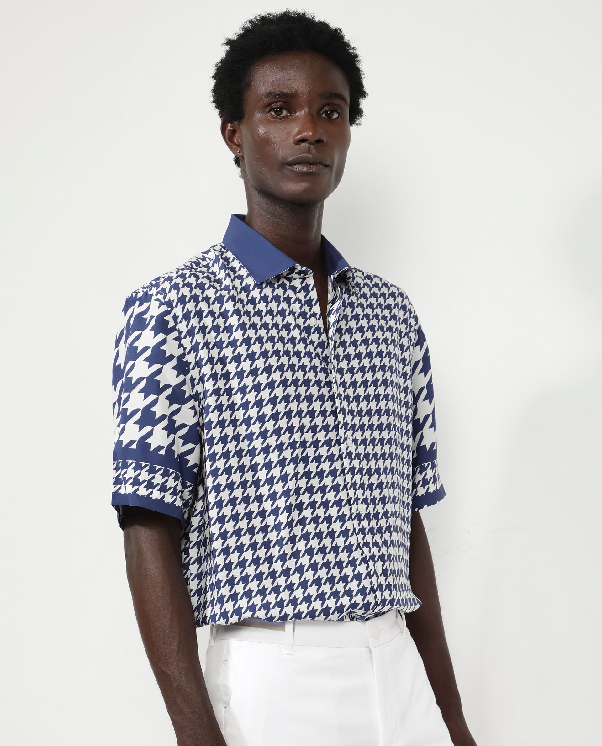 Rare Rabbit Men's Dejen Dark Blue Viscose Fabric Short Sleeve Boxy Fit Houndstooth Print Shirt