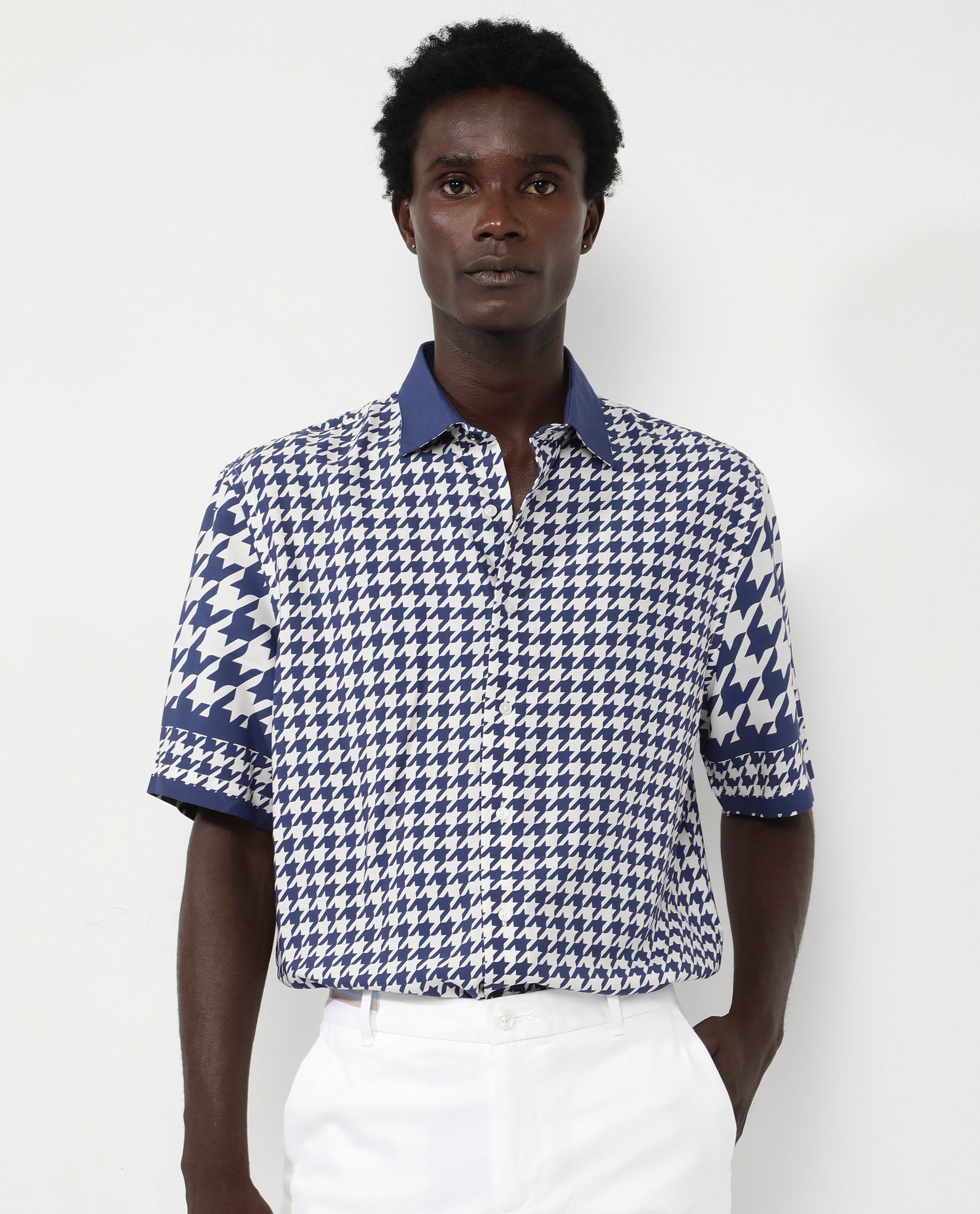 Rare Rabbit Men's Dejen Dark Blue Viscose Fabric Short Sleeve Boxy Fit Houndstooth Print Shirt