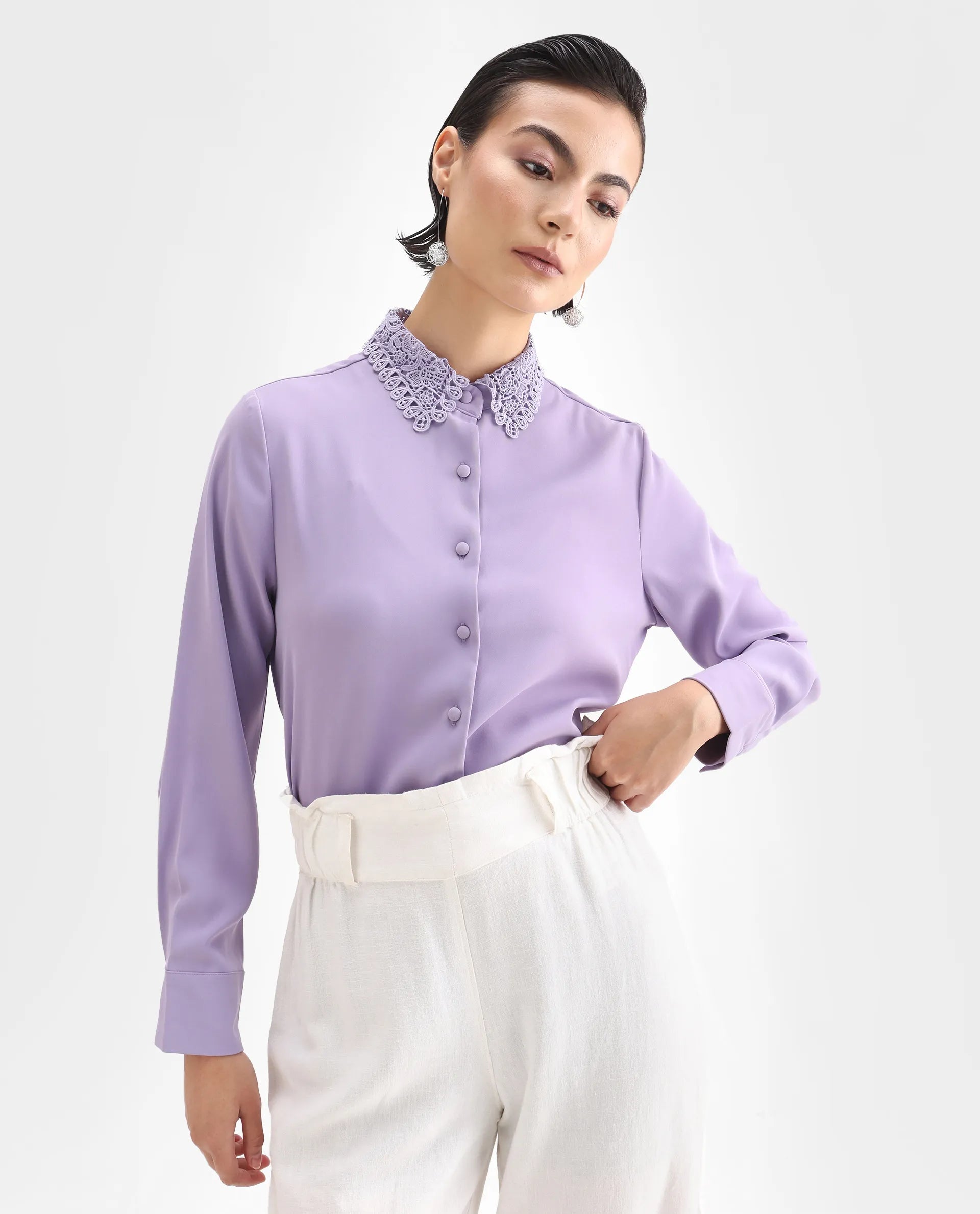 Rareism Women's Dejon Dusky Lavender Polyester Spread Collar Plain Cuffed Sleeve Regular Fit Shirt