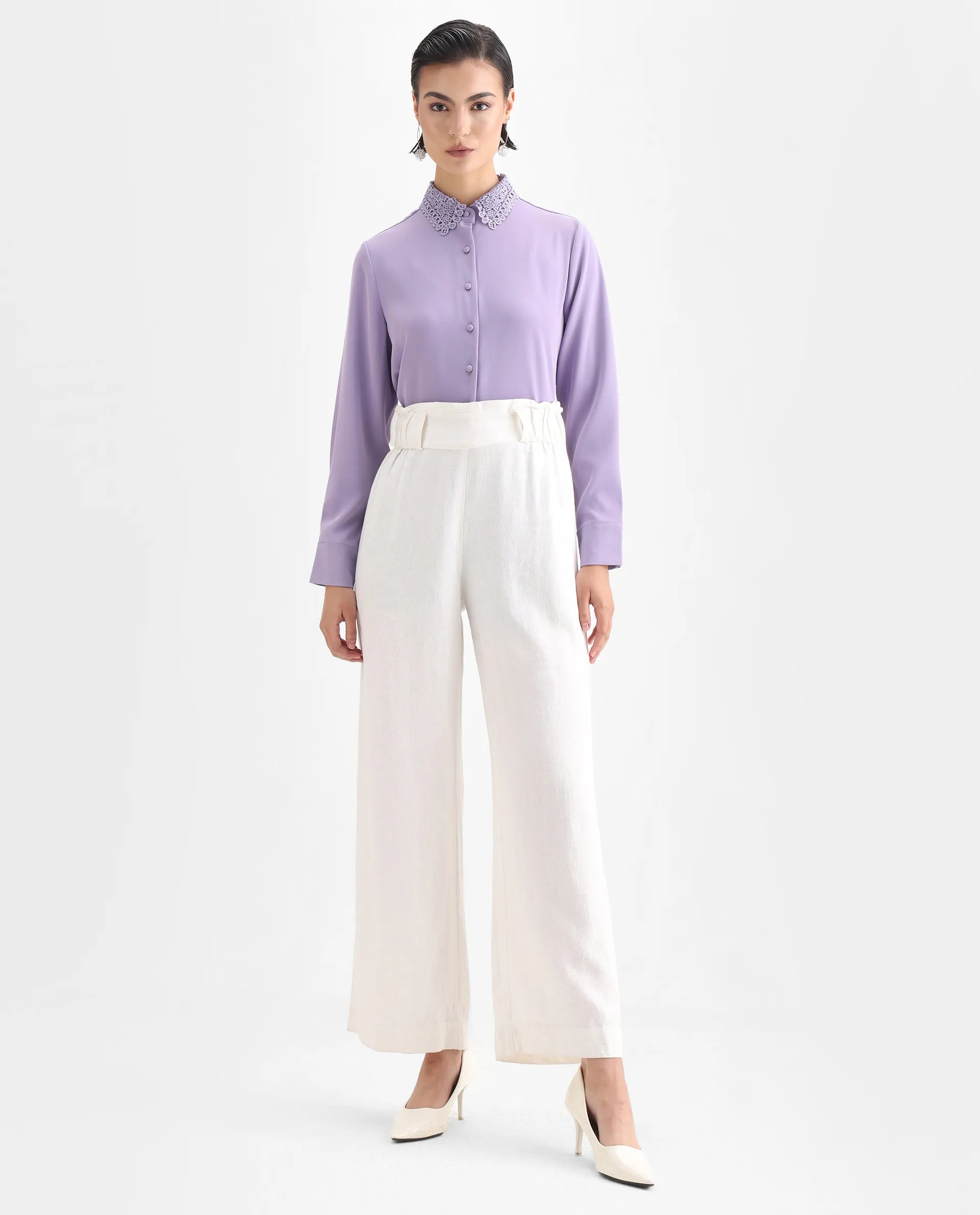 Rareism Women's Dejon Dusky Lavender Polyester Spread Collar Plain Cuffed Sleeve Regular Fit Shirt