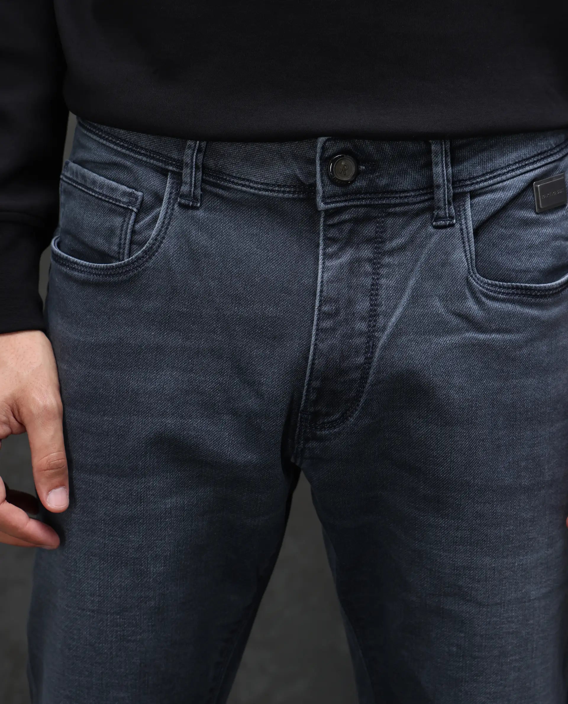 Rare Rabbit Men's Delft Dusky Blue Cotton Plain Hawk Slim Fit Jeans