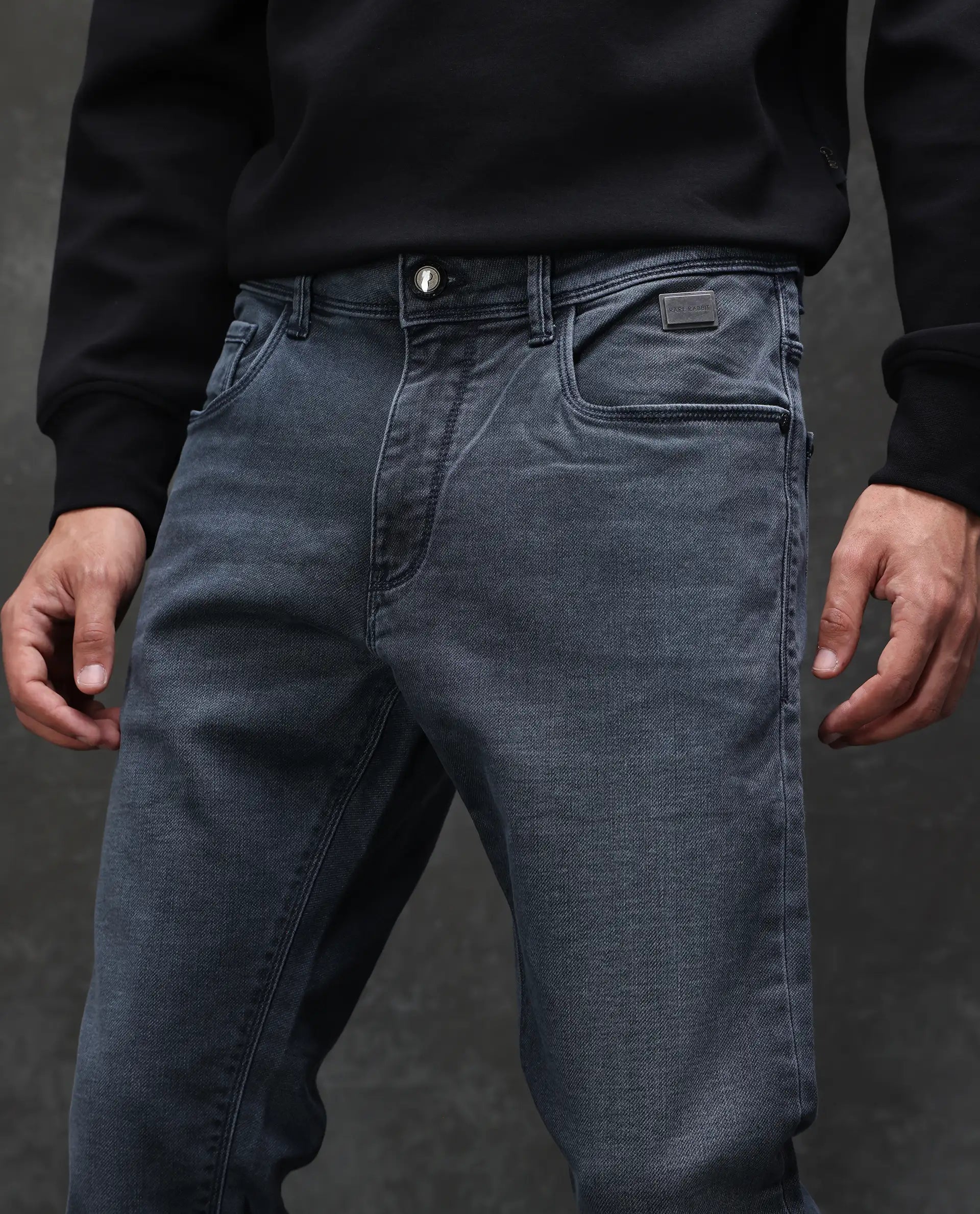 Rare Rabbit Men's Delft Dusky Blue Cotton Plain Hawk Slim Fit Jeans