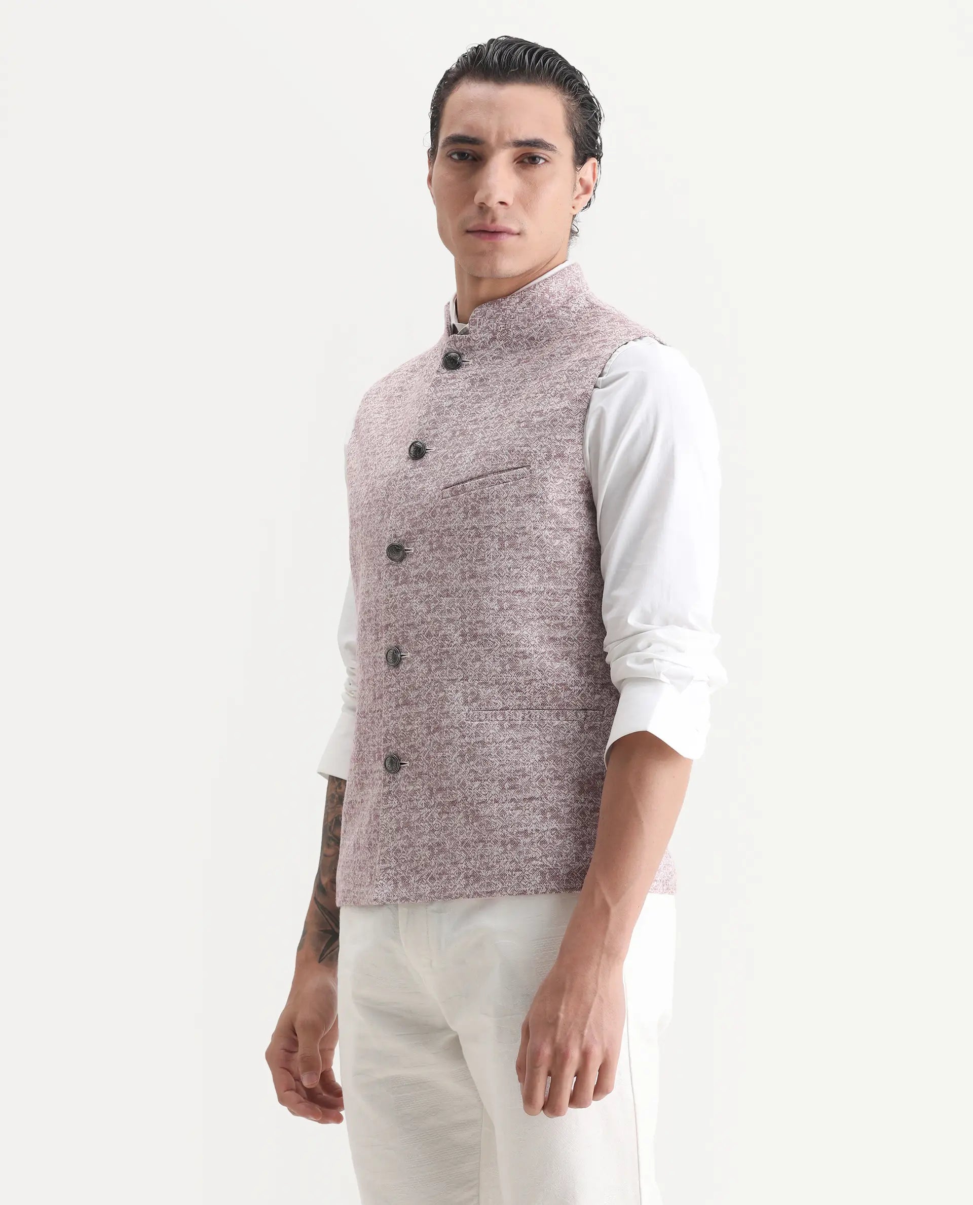 Rare Rabbit Men's Delia Light Pink Linen Jacquard Tailored Fit Sleeveless Mandarin Collar Bandhgala