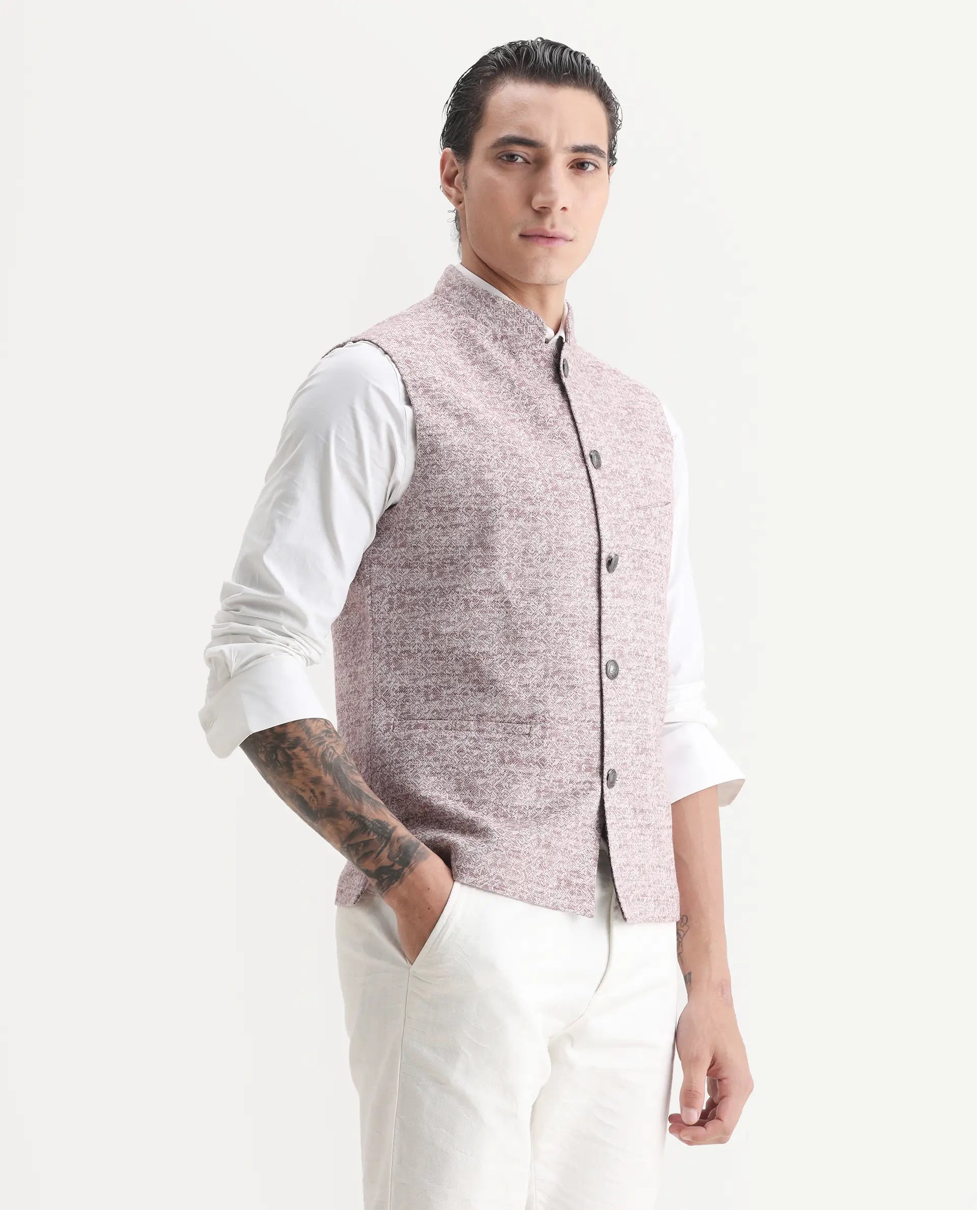 Rare Rabbit Men's Delia Light Pink Linen Jacquard Tailored Fit Sleeveless Mandarin Collar Bandhgala