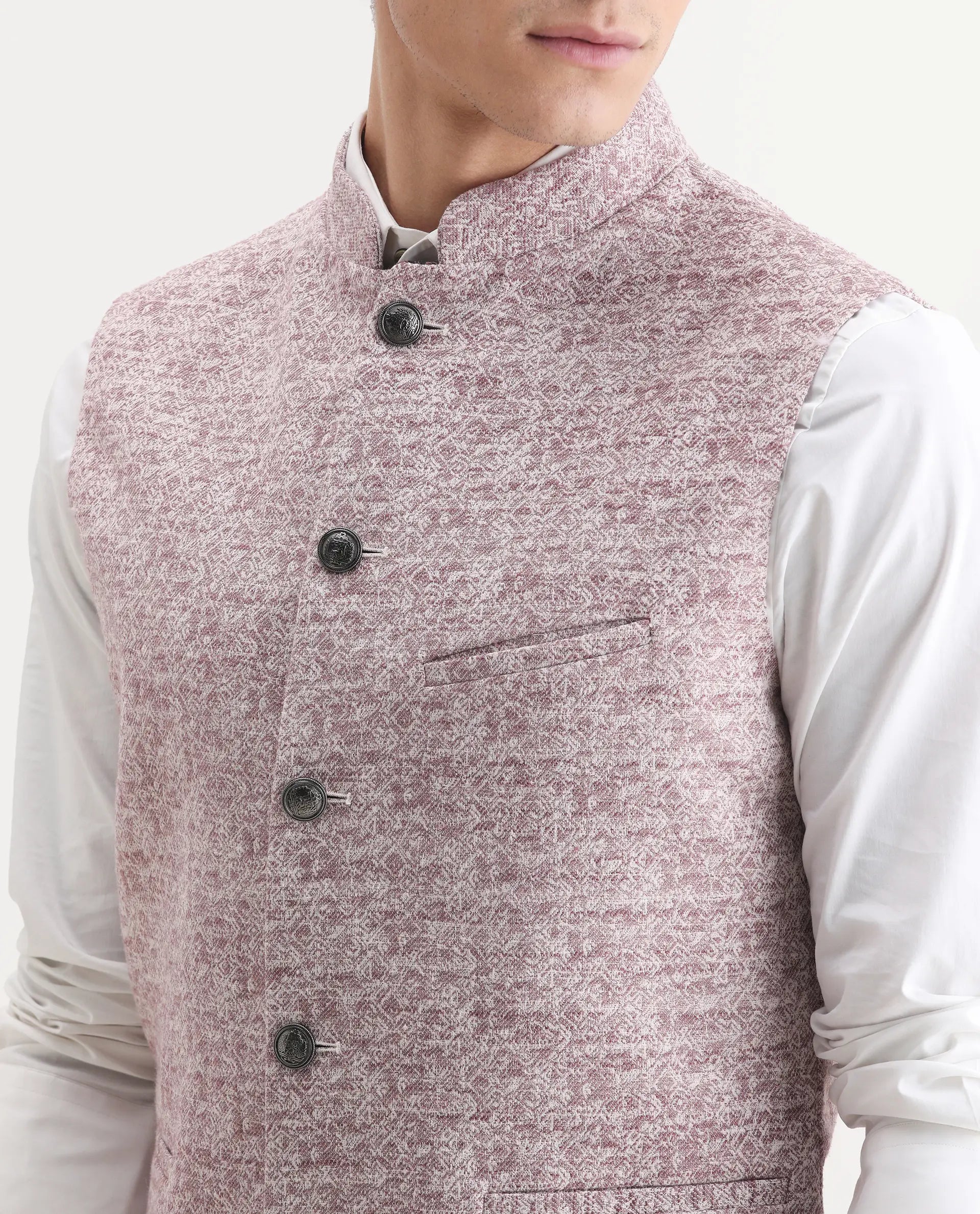 Rare Rabbit Men's Delia Light Pink Linen Jacquard Tailored Fit Sleeveless Mandarin Collar Bandhgala