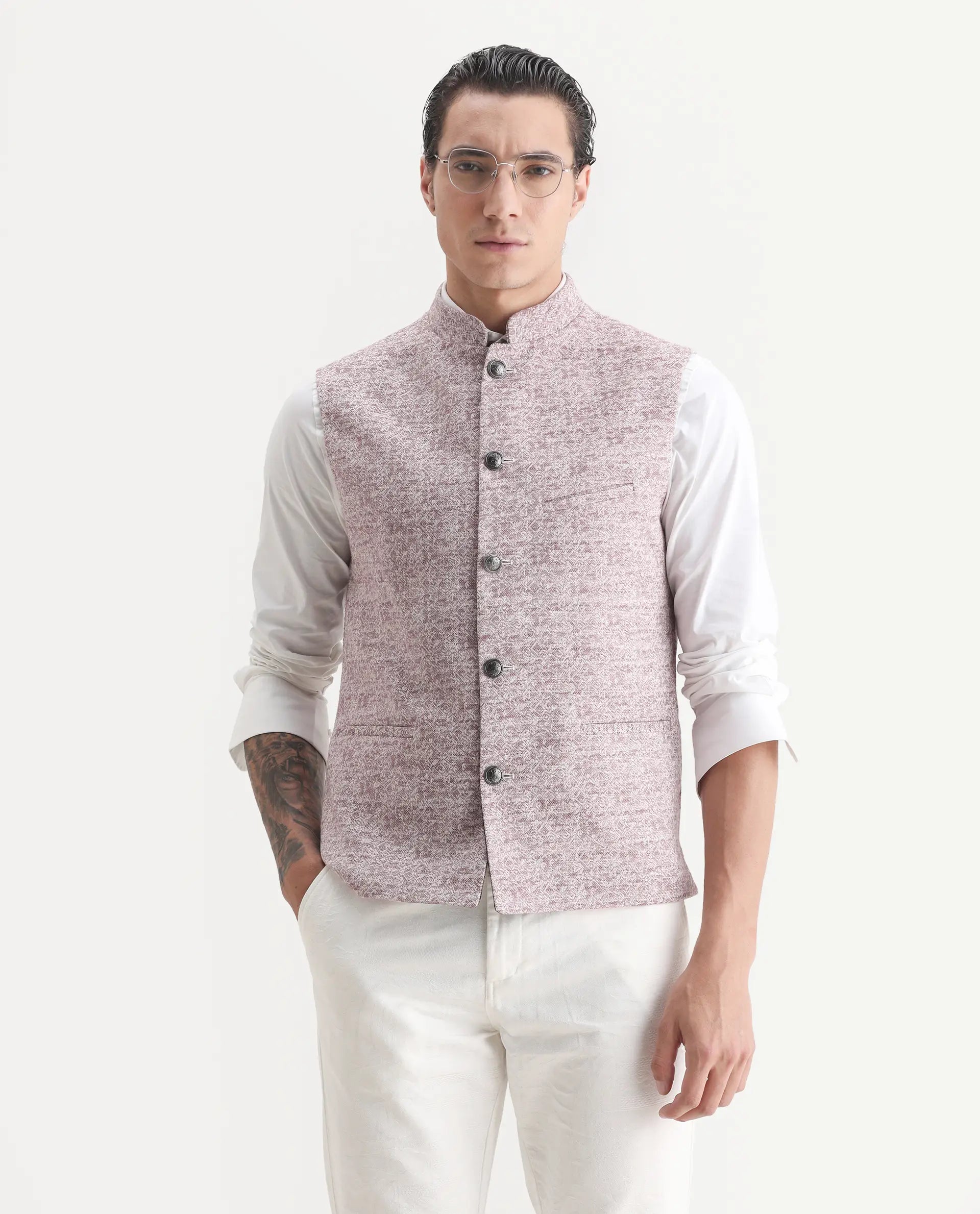 Rare Rabbit Men's Delia Light Pink Linen Jacquard Tailored Fit Sleeveless Mandarin Collar Bandhgala