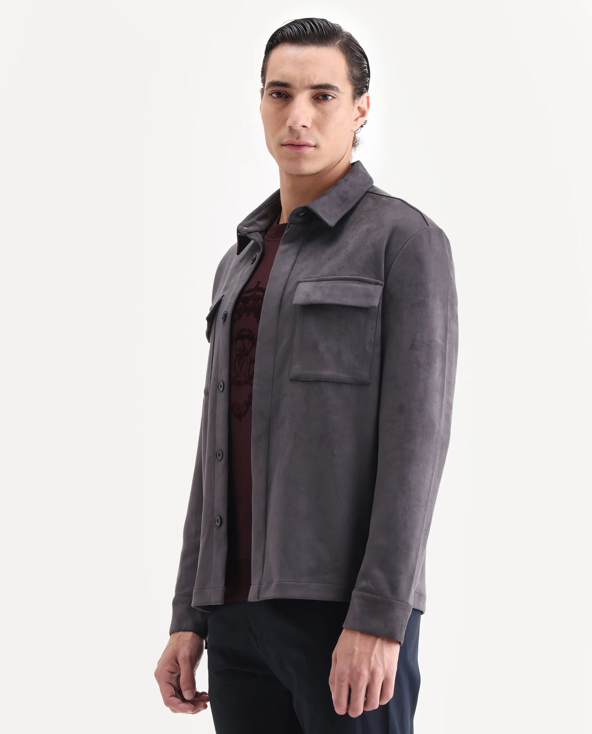 Rare Rabbit Men's Delk-25 Grey Polyester Blend Fabric Collared Neck Relaxed Plain Jacket