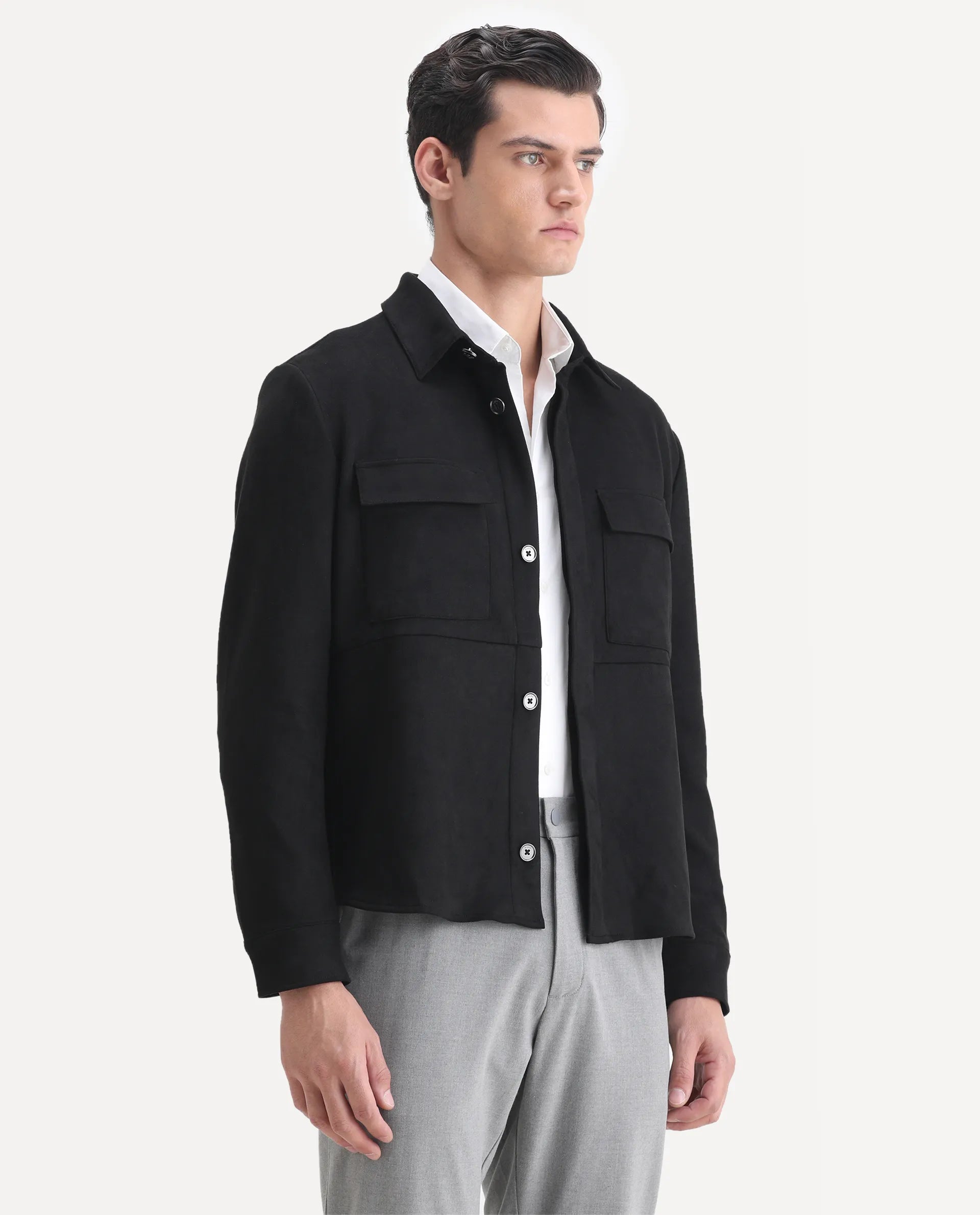 Rare Rabbit Men's Delk-2 Black Polyester Plain Regular Fit Full Sleeve Spread Collar Jacket