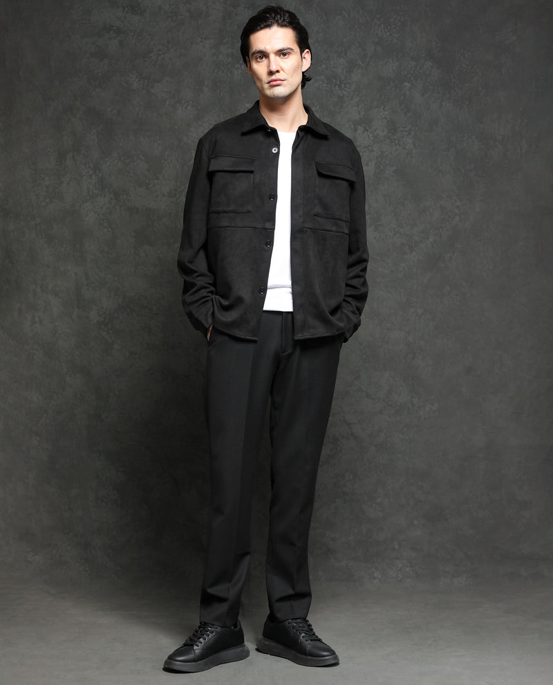 Men's autumn winter outfit with black plain down jacket, black plain shirt  jacket, black plain t-shirt, white plain ankle pants, white plain chinos,  white low-cut sneakers. | OTOKOMAE