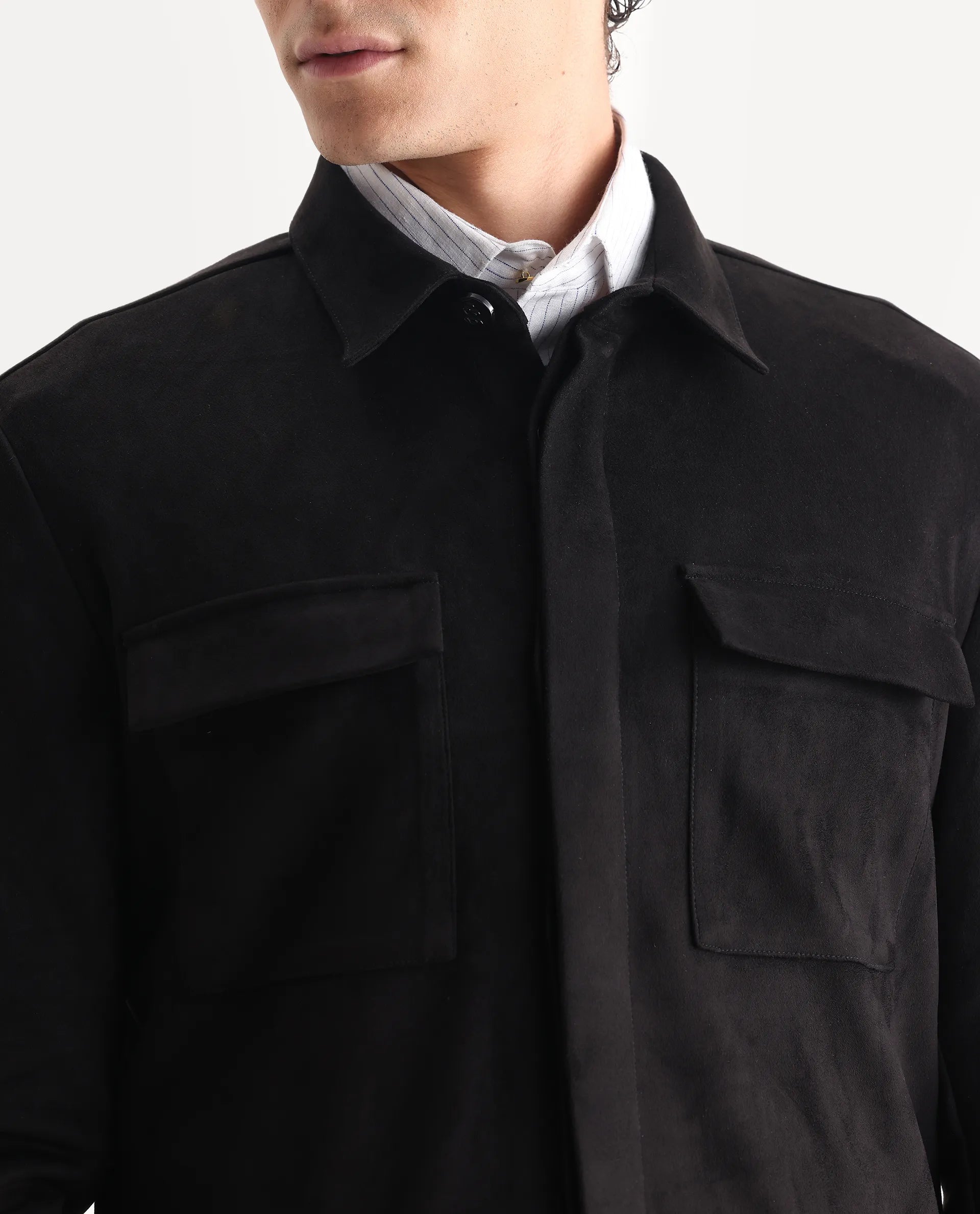 Rare Rabbit Men's Delk-25 Black Polyester Blend Fabric Collared Neck Relaxed Plain Jacket