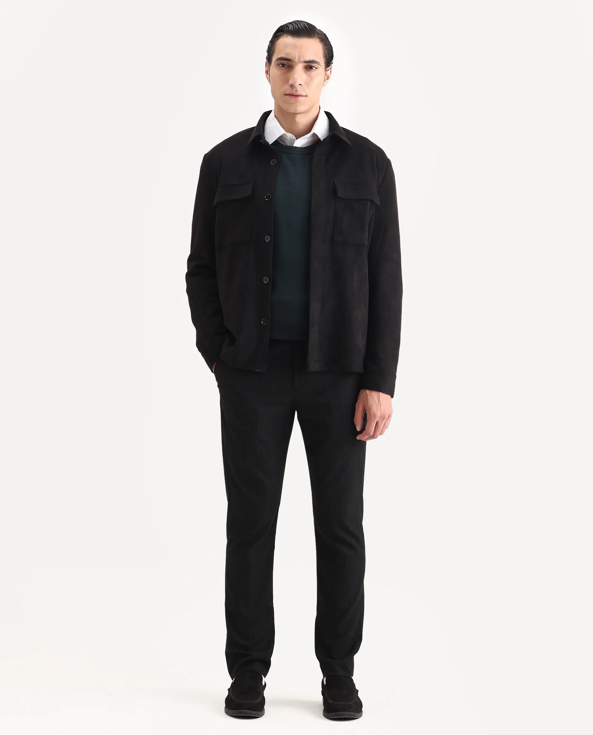 Rare Rabbit Men's Delk-25 Black Polyester Blend Fabric Collared Neck Relaxed Plain Jacket