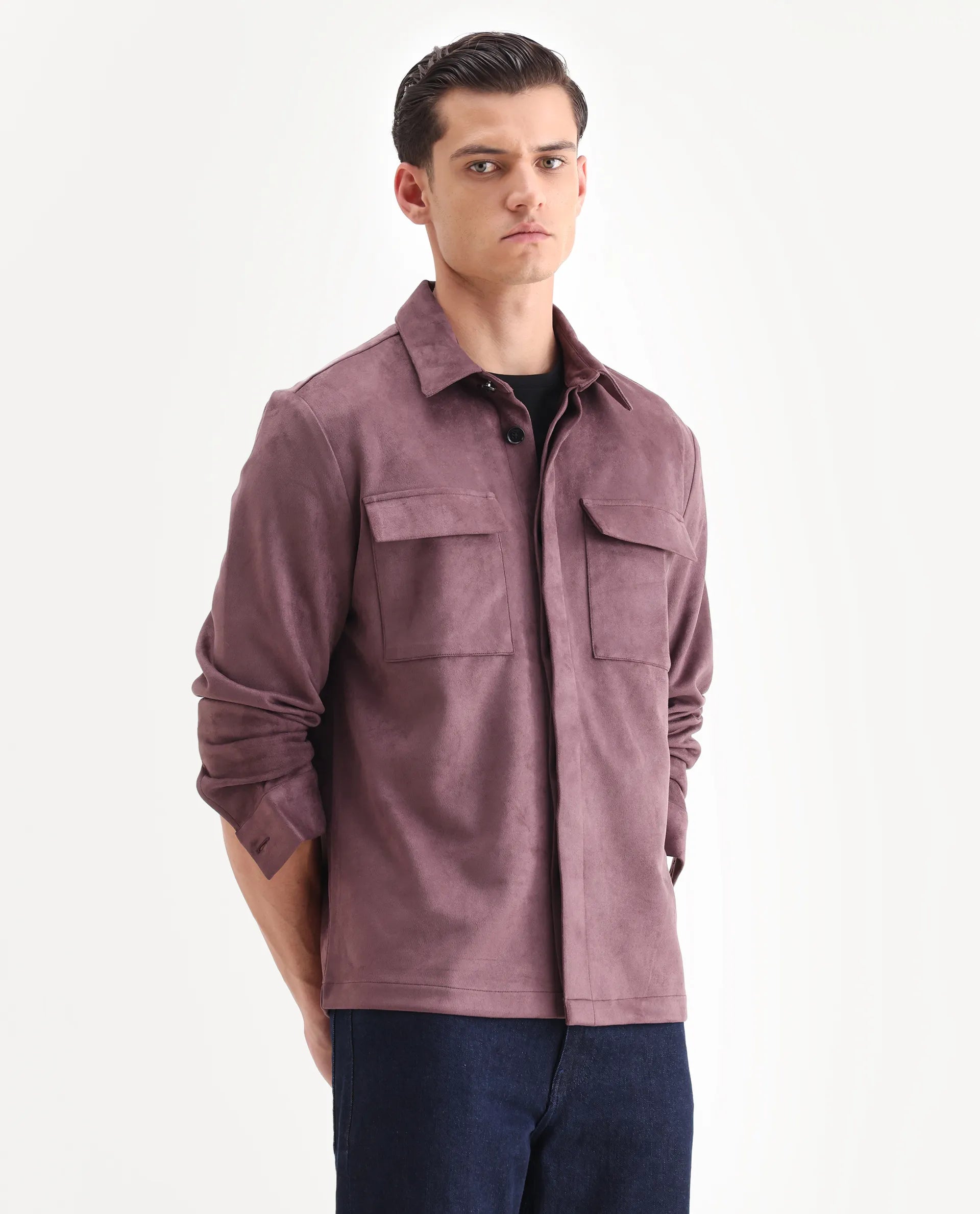 Rare Rabbit Men's Delk-25 Dusky Pink Polyester Blend Fabric Collared Neck Relaxed Plain Jacket