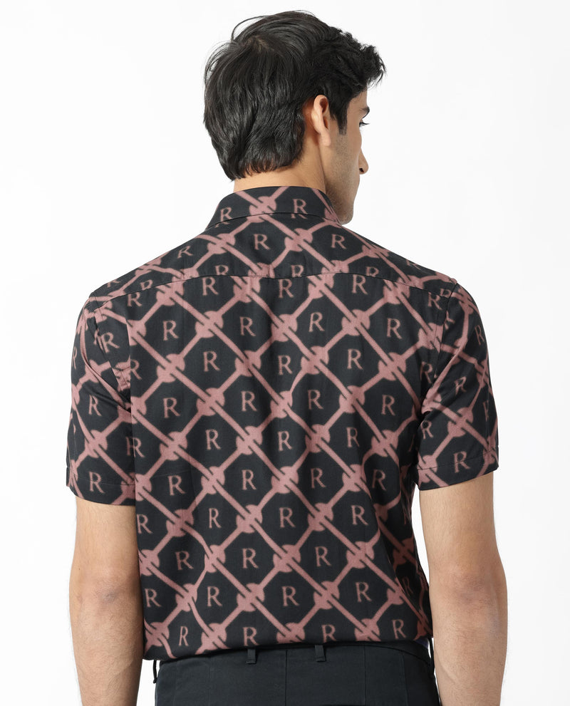 Rare Rabbit Men's Delker Black Cotton Modal Fabric Half Sleeves Monogram Printed Shirt