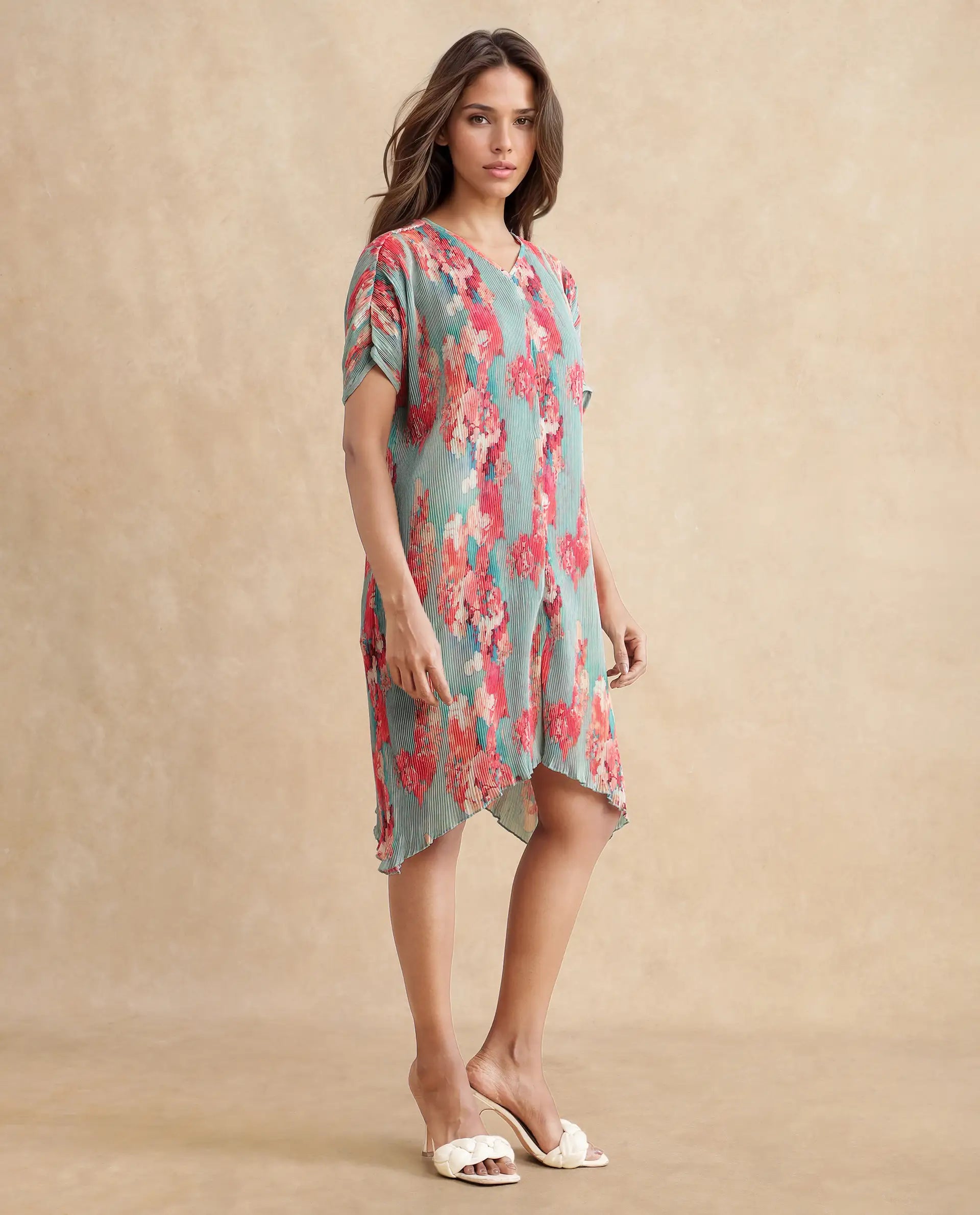 Rareism Women's Dellusion Multi Polyester Blend V-Neck Floral Print Extended Sleeves Mini Asymmetric Dress