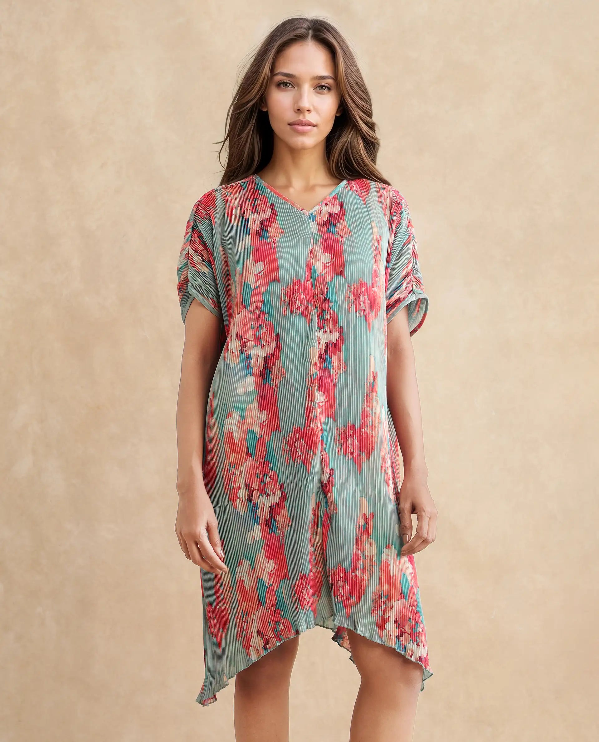 Rareism Women's Dellusion Multi Polyester Blend V-Neck Floral Print Extended Sleeves Mini Asymmetric Dress